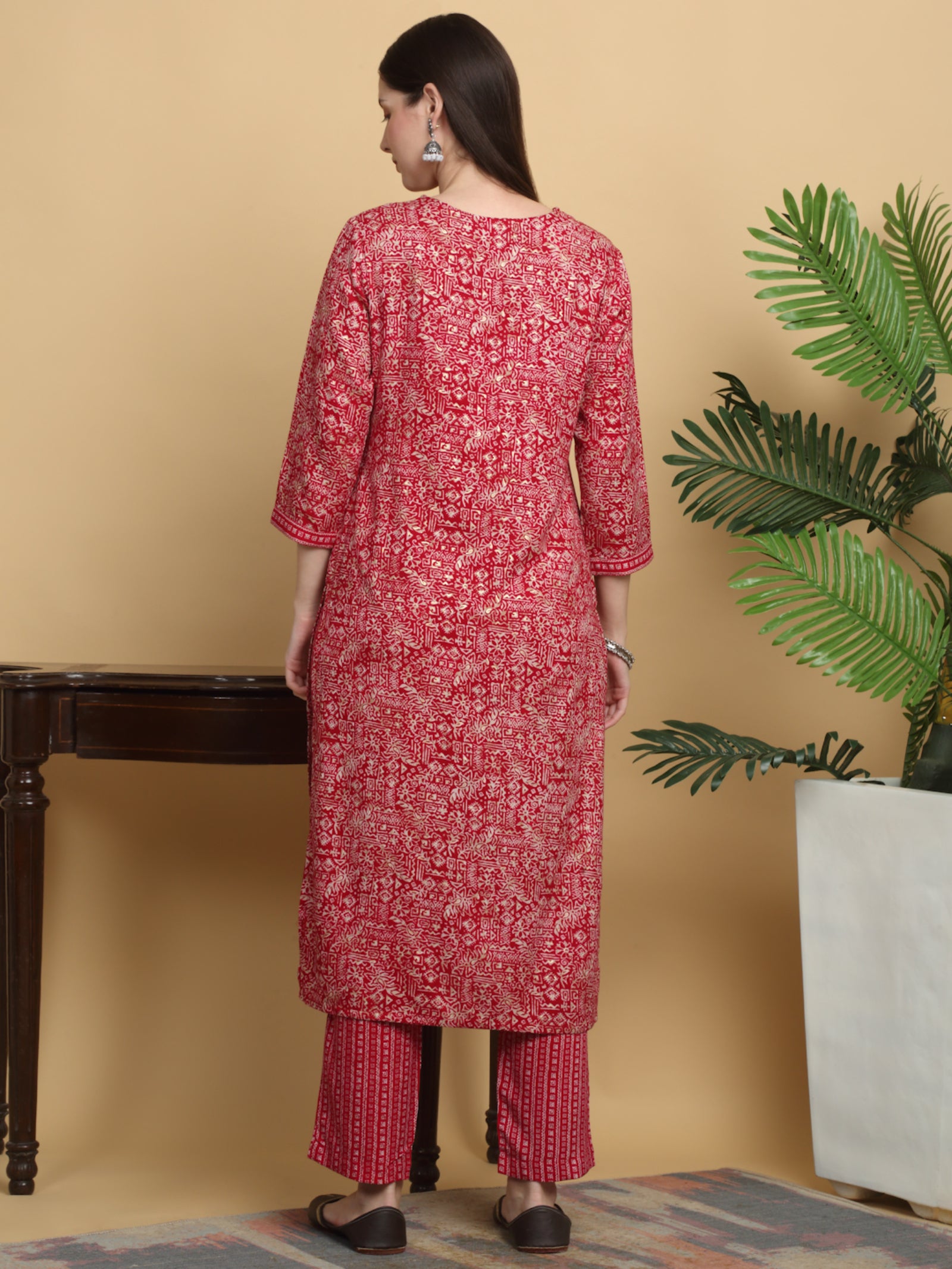 Maluka Women’s Mustard & Red Ethnic Motif Rayon Mirror Work Kurta Set