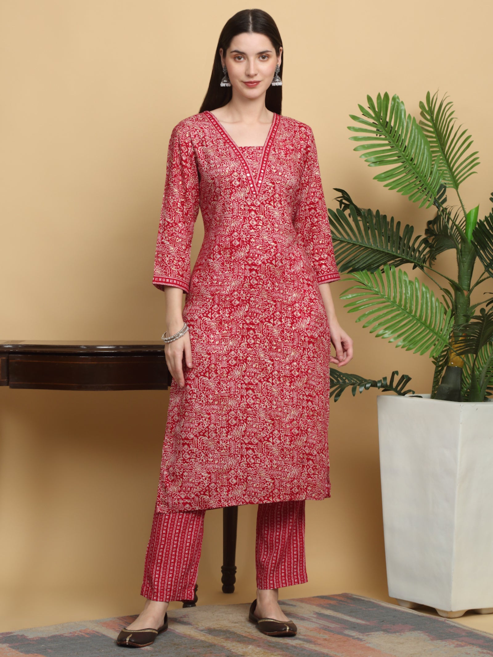 Maluka Women’s Mustard & Red Ethnic Motif Rayon Mirror Work Kurta Set