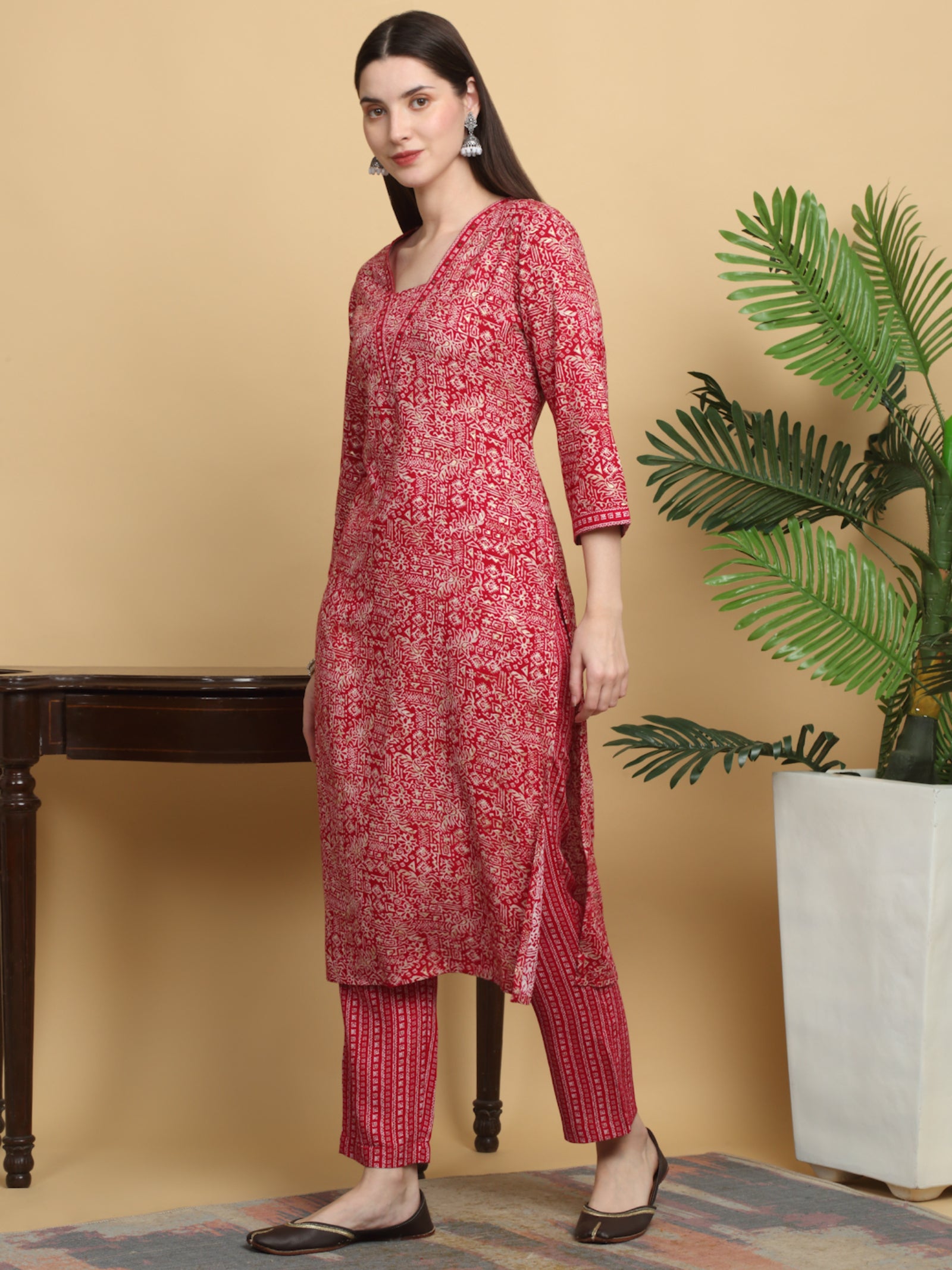 Maluka Women’s Mustard & Red Ethnic Motif Rayon Mirror Work Kurta Set