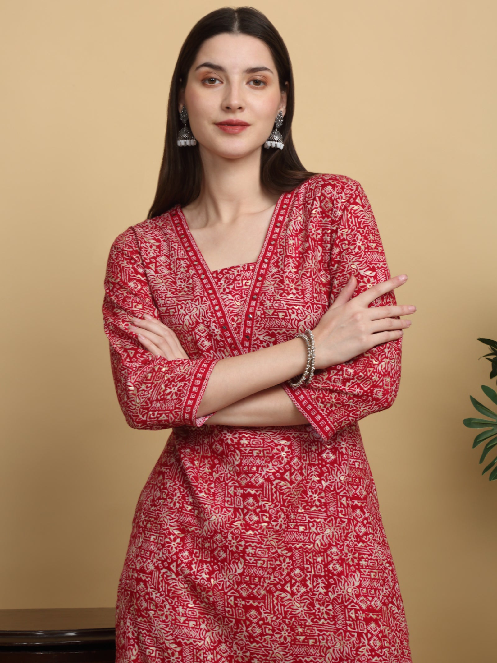 Maluka Women’s Mustard & Red Ethnic Motif Rayon Mirror Work Kurta Set