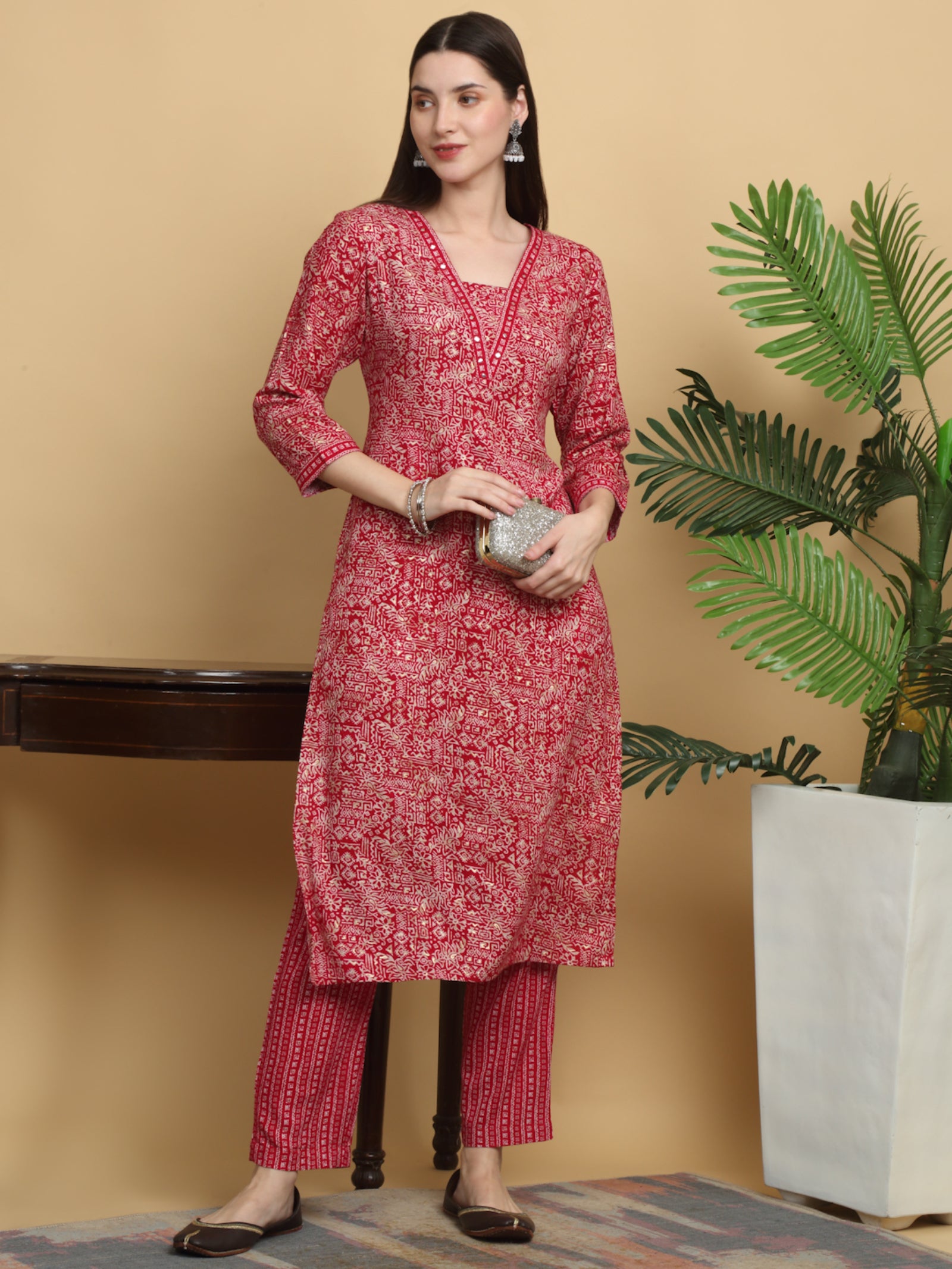 Maluka Women’s Mustard & Red Ethnic Motif Rayon Mirror Work Kurta Set
