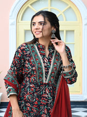 Maluka Women Cotton Black Hand Block Floral Printed Kurta set