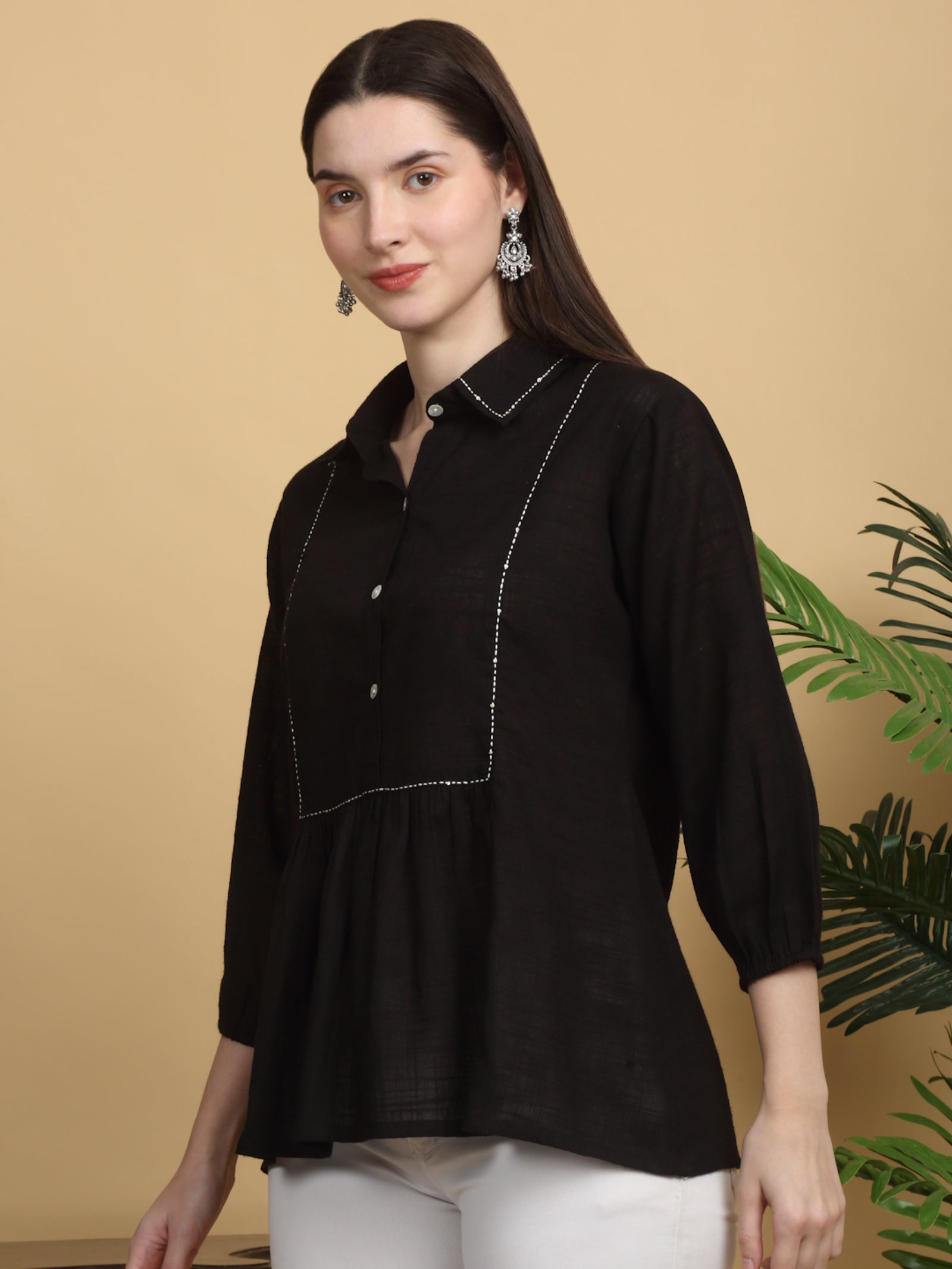 Maluka Women’s Black Cotton Flex Top with Handwork & Buttons