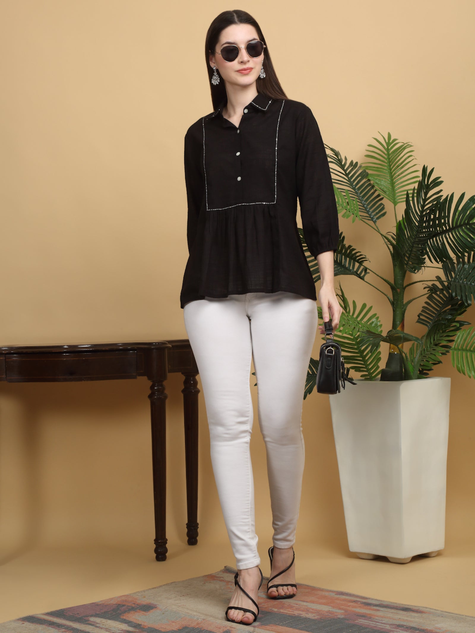 Maluka Women’s Black Cotton Flex Top with Handwork & Buttons