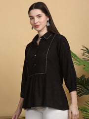 Maluka Women’s Black Cotton Flex Top with Handwork & Buttons