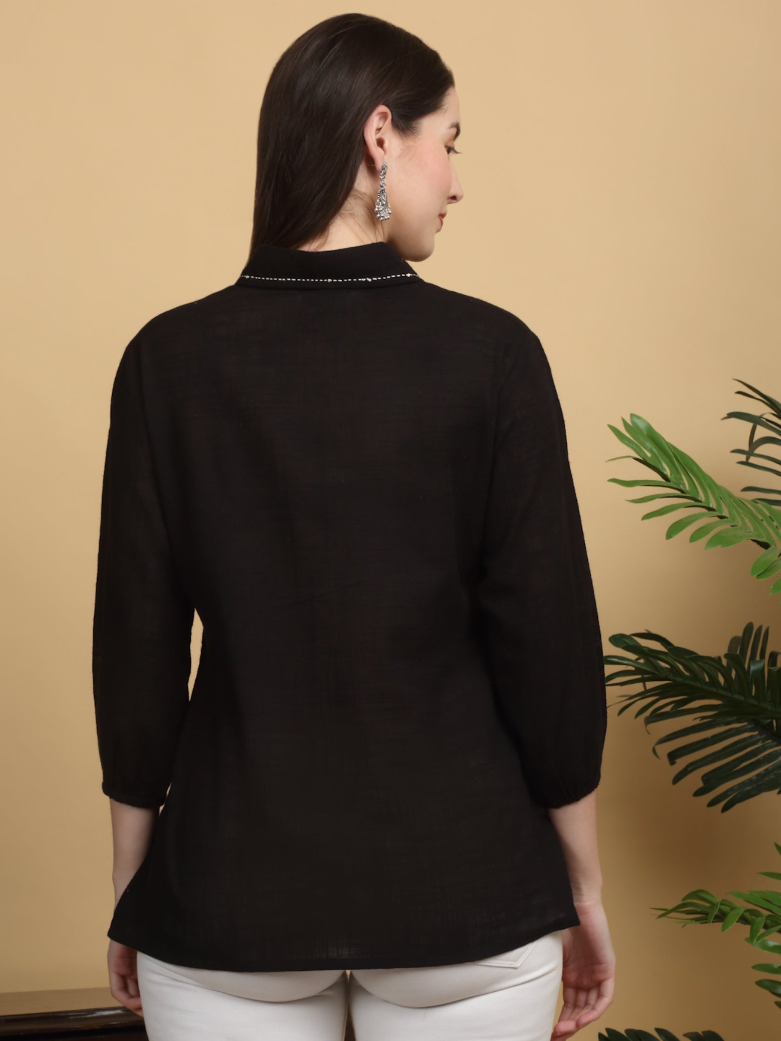 Maluka Women’s Black Cotton Flex Top with Handwork & Buttons