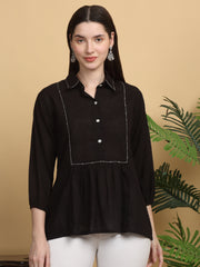 Maluka Women’s Black Cotton Flex Top with Handwork & Buttons