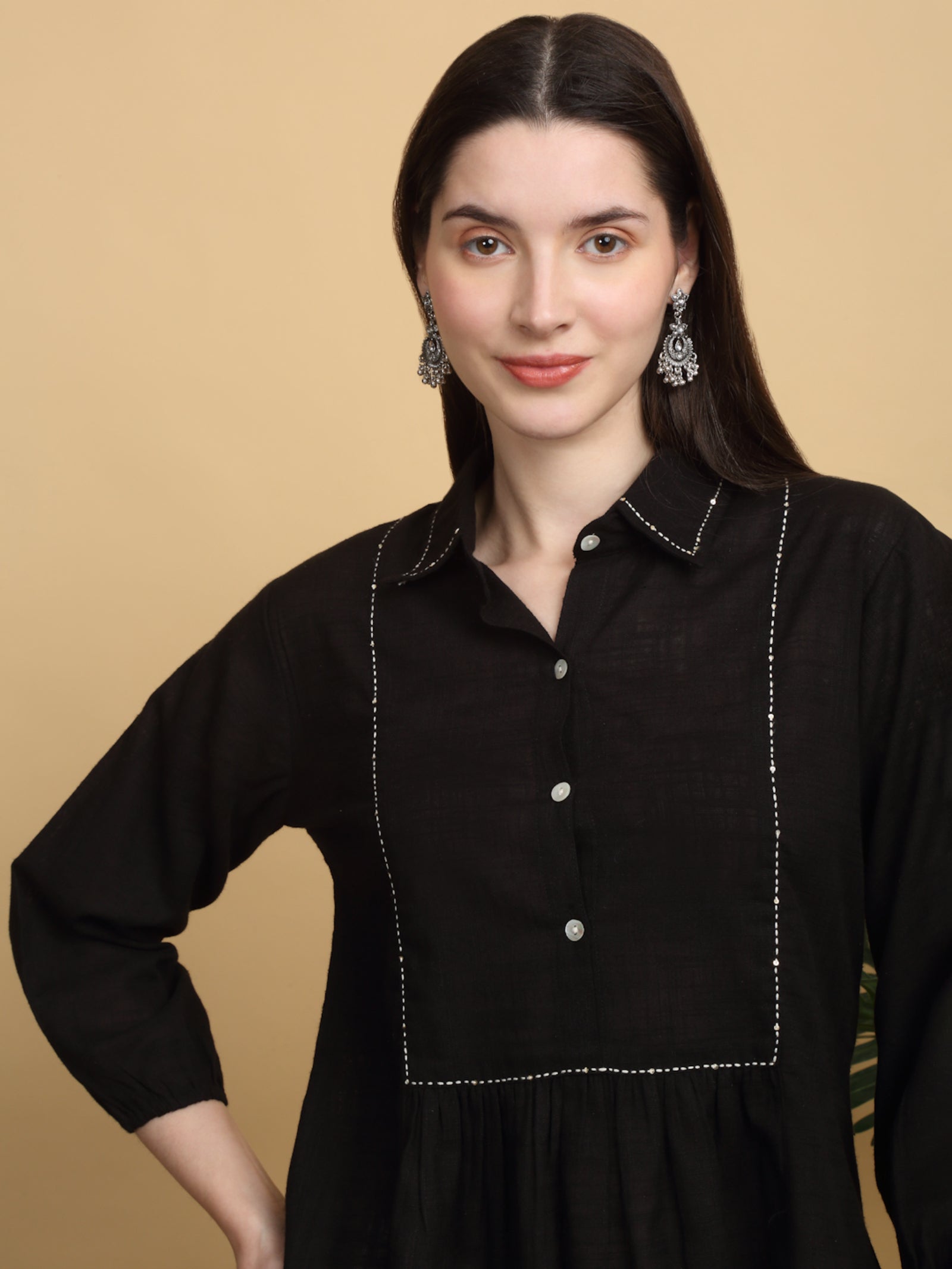 Maluka Women’s Black Cotton Flex Top with Handwork & Buttons