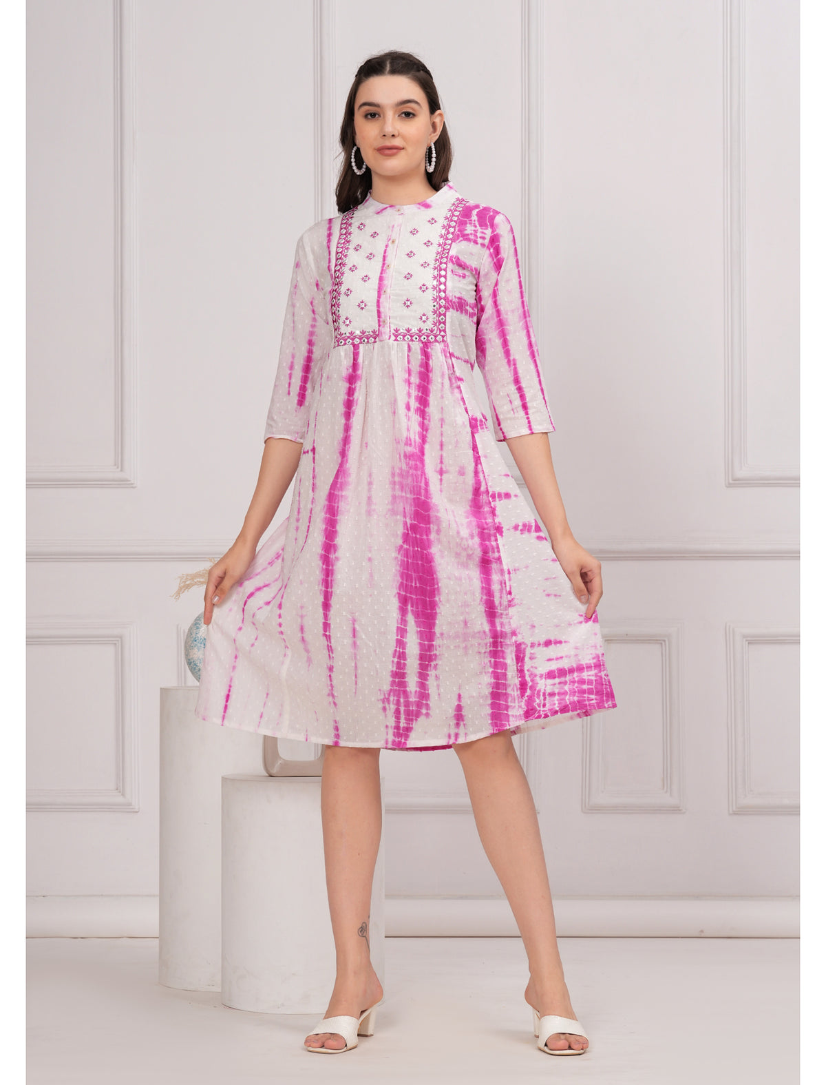 Maluka Women Cotton Shibhori Tie Dye Printed  Embroidery and Mirror Work A-Line Kurta