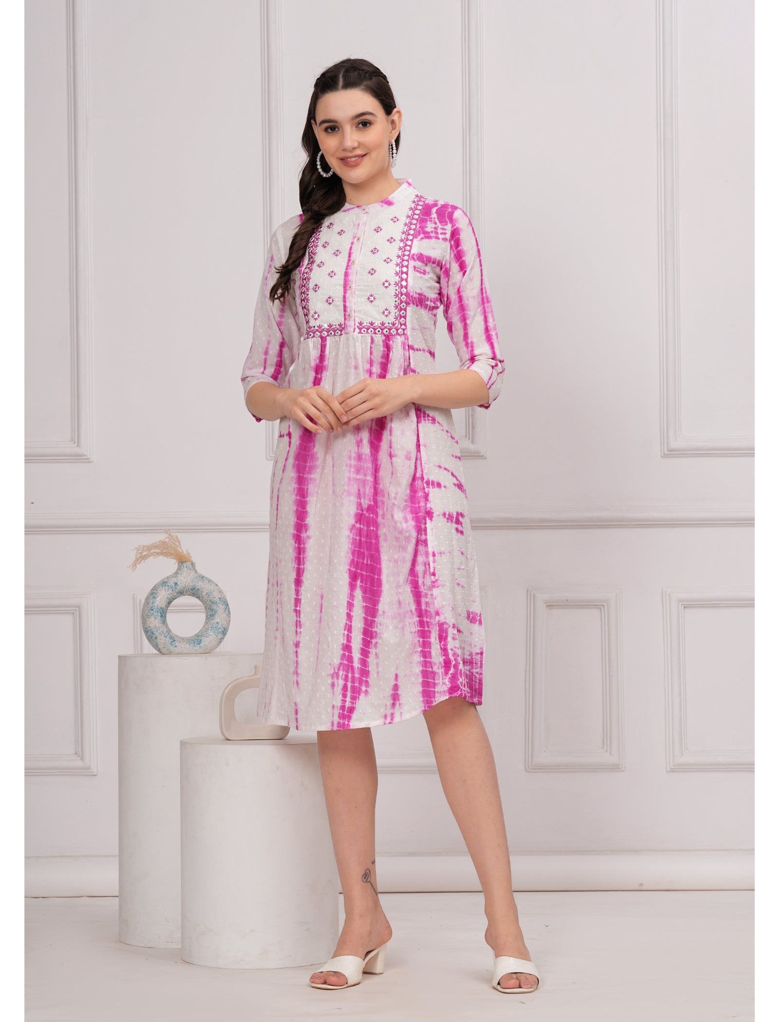 Maluka Women Cotton Shibhori Tie Dye Printed  Embroidery and Mirror Work A-Line Kurta