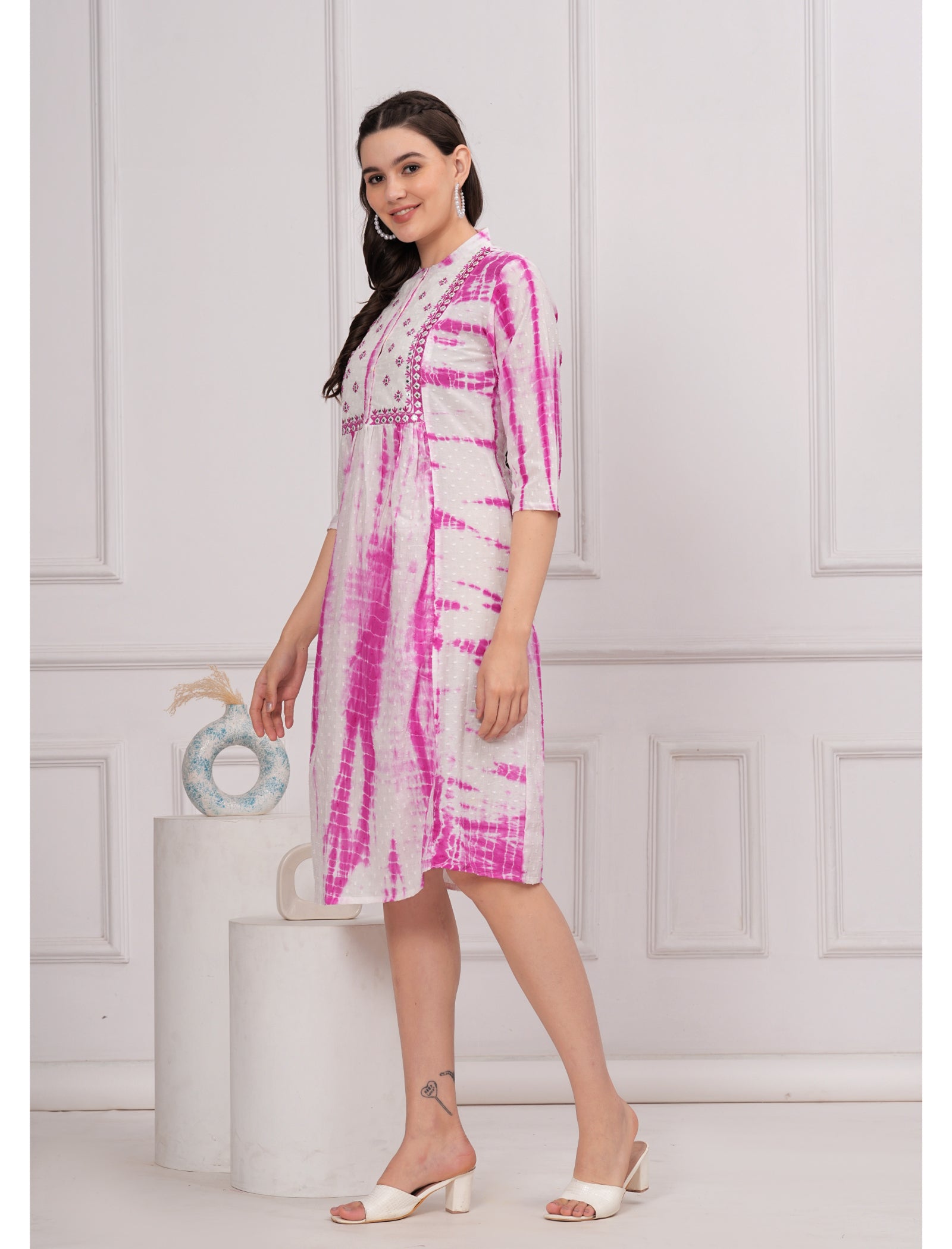 Maluka Women Cotton Shibhori Tie Dye Printed  Embroidery and Mirror Work A-Line Kurta