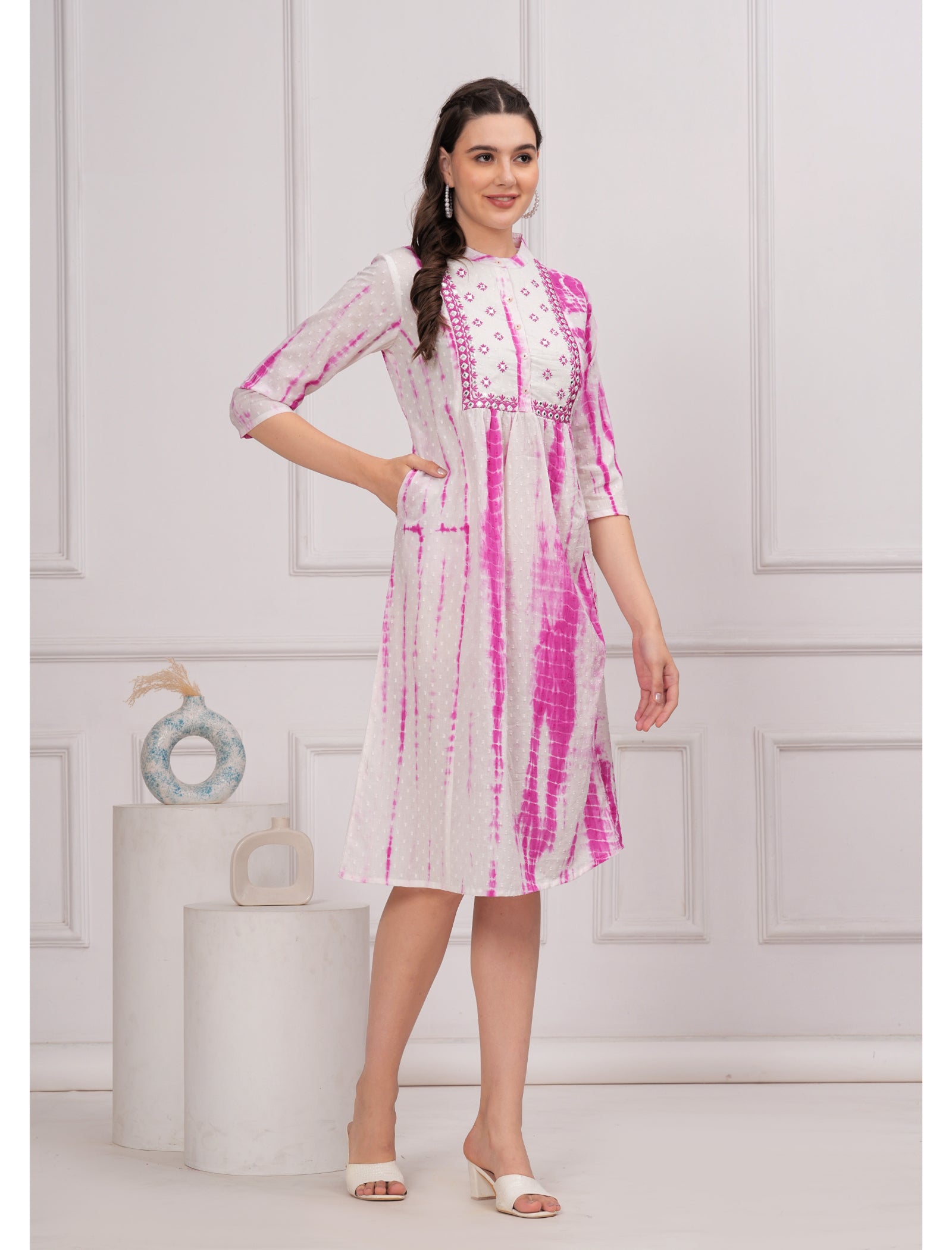 Maluka Women Cotton Shibhori Tie Dye Printed  Embroidery and Mirror Work A-Line Kurta