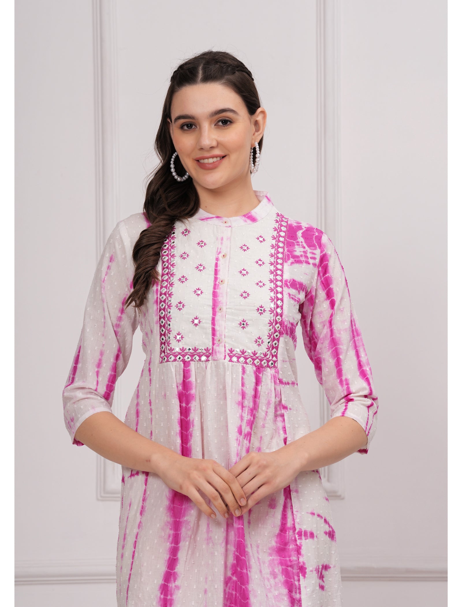 Maluka Women Cotton Shibhori Tie Dye Printed  Embroidery and Mirror Work A-Line Kurta