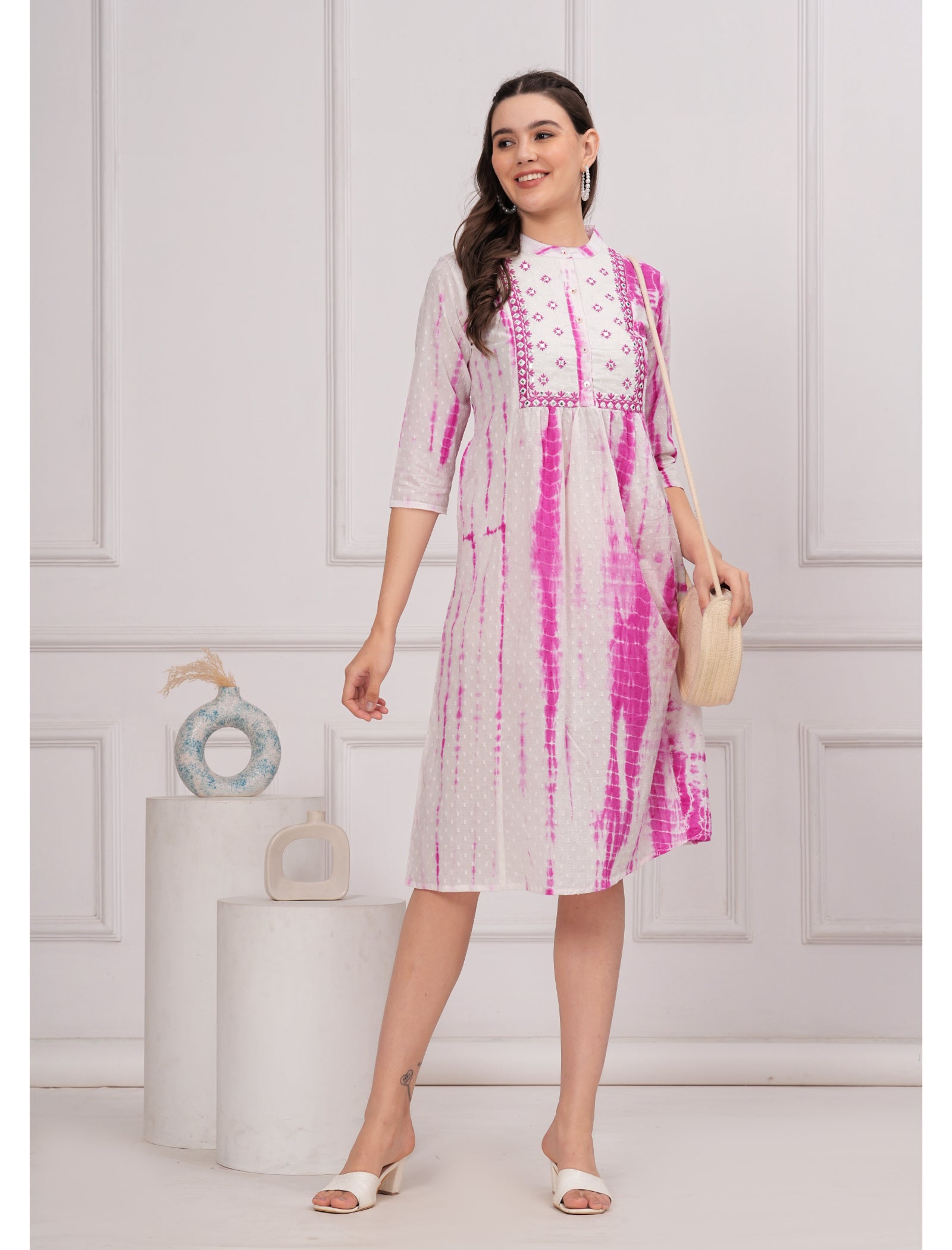 Maluka Women Cotton Shibhori Tie Dye Printed  Embroidery and Mirror Work A-Line Kurta