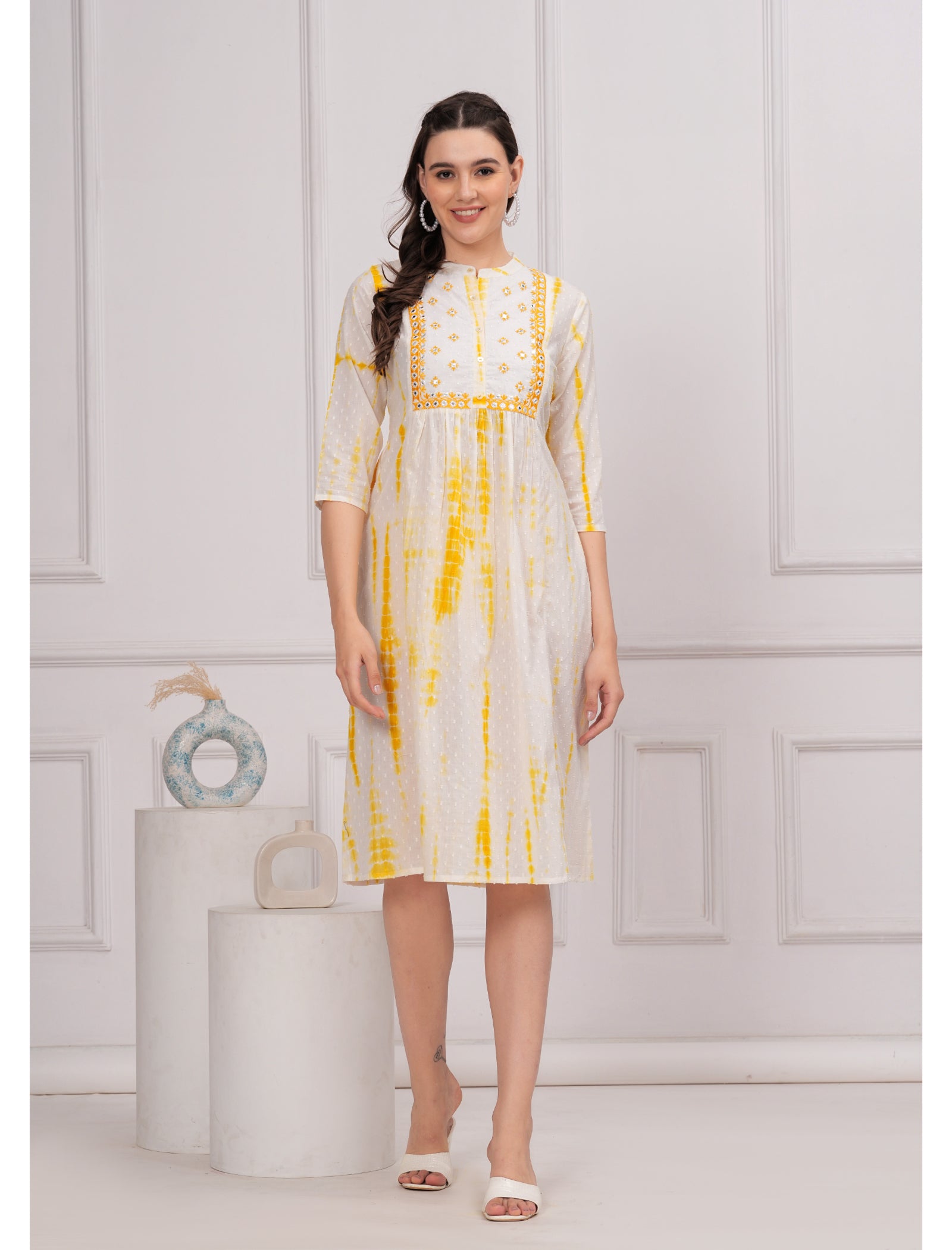 Maluka Women Cotton Shibhori Tie Dye Printed  Embroidery and Mirror Work A-Line Kurta