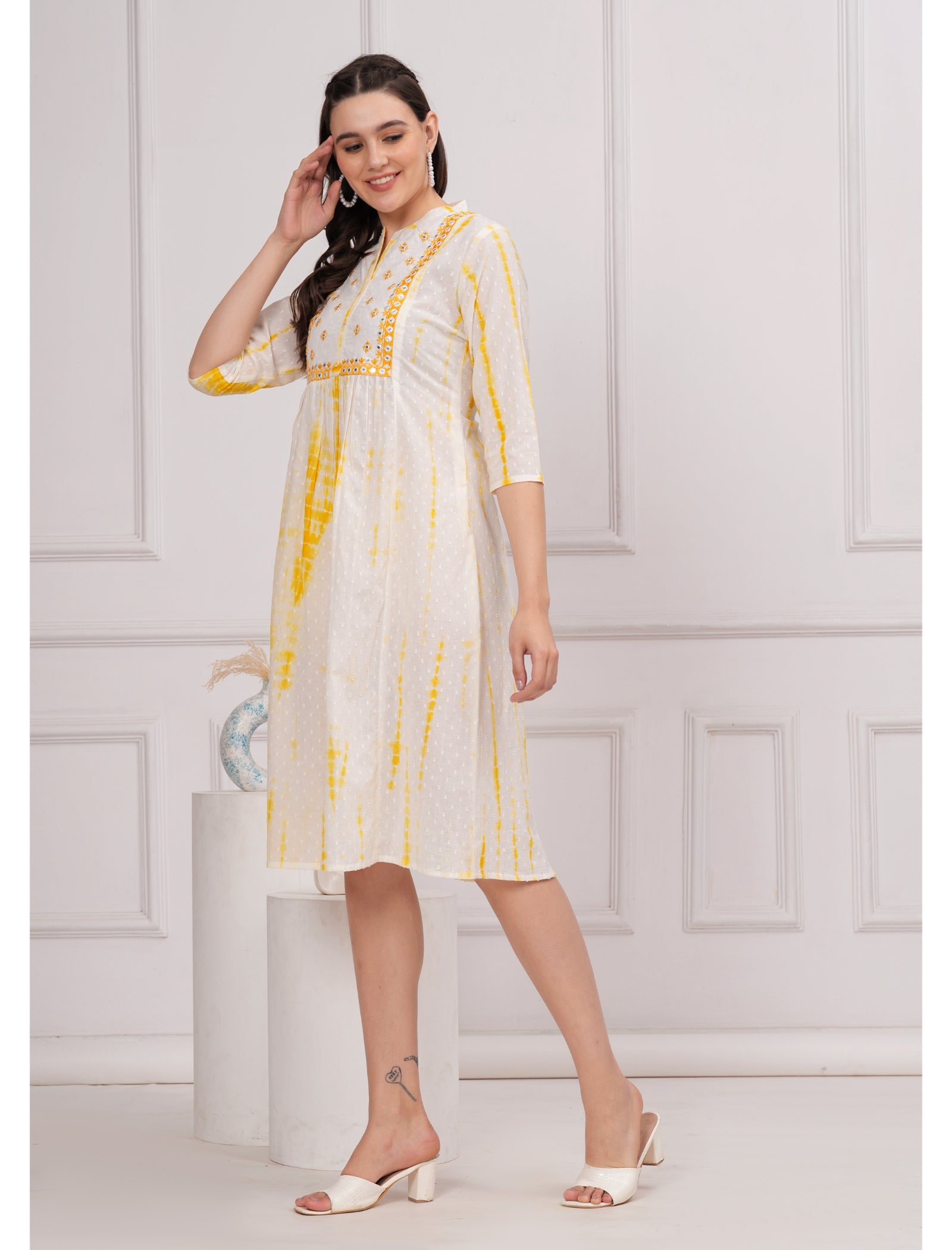 Maluka Women Cotton Shibhori Tie Dye Printed  Embroidery and Mirror Work A-Line Kurta
