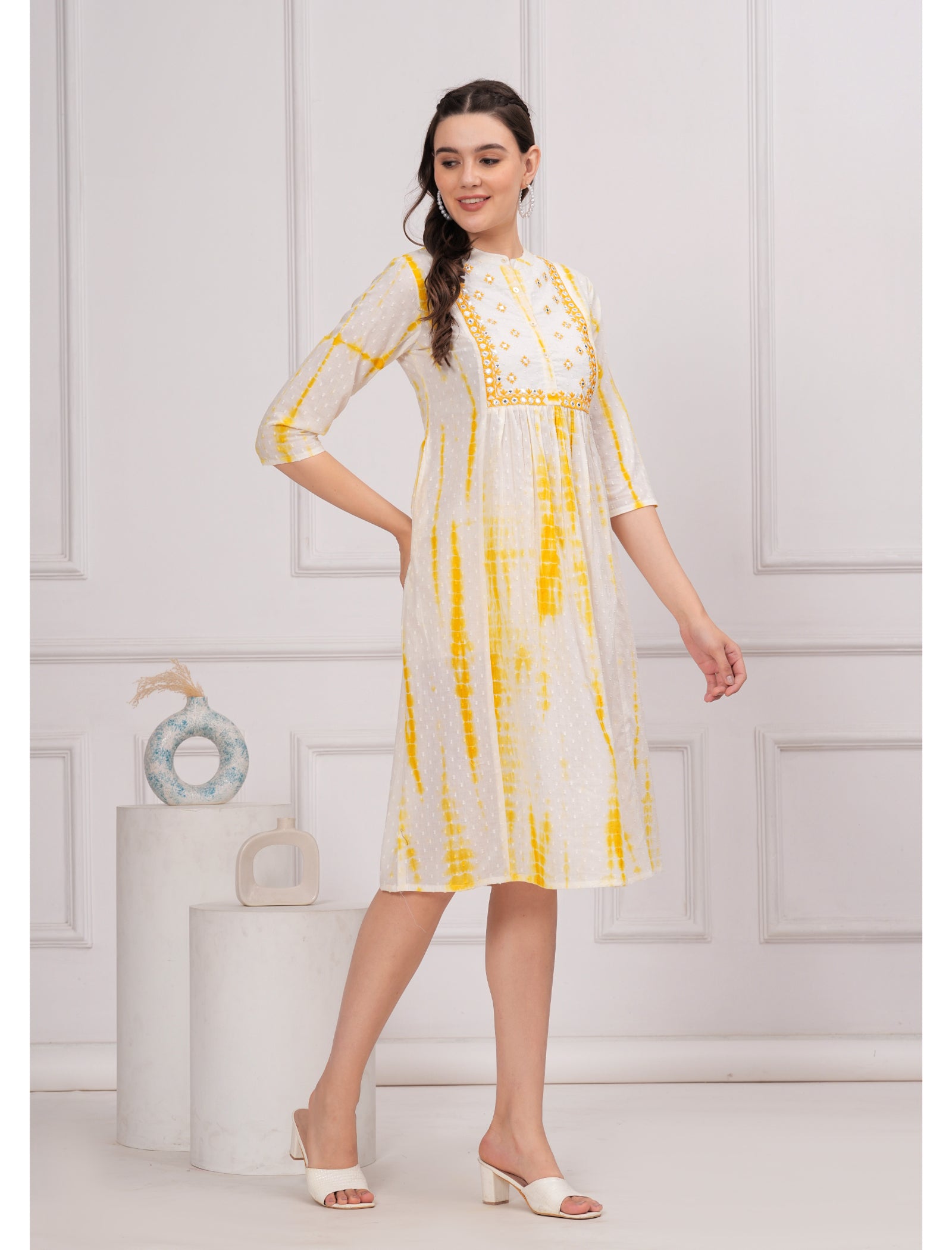 Maluka Women Cotton Shibhori Tie Dye Printed  Embroidery and Mirror Work A-Line Kurta