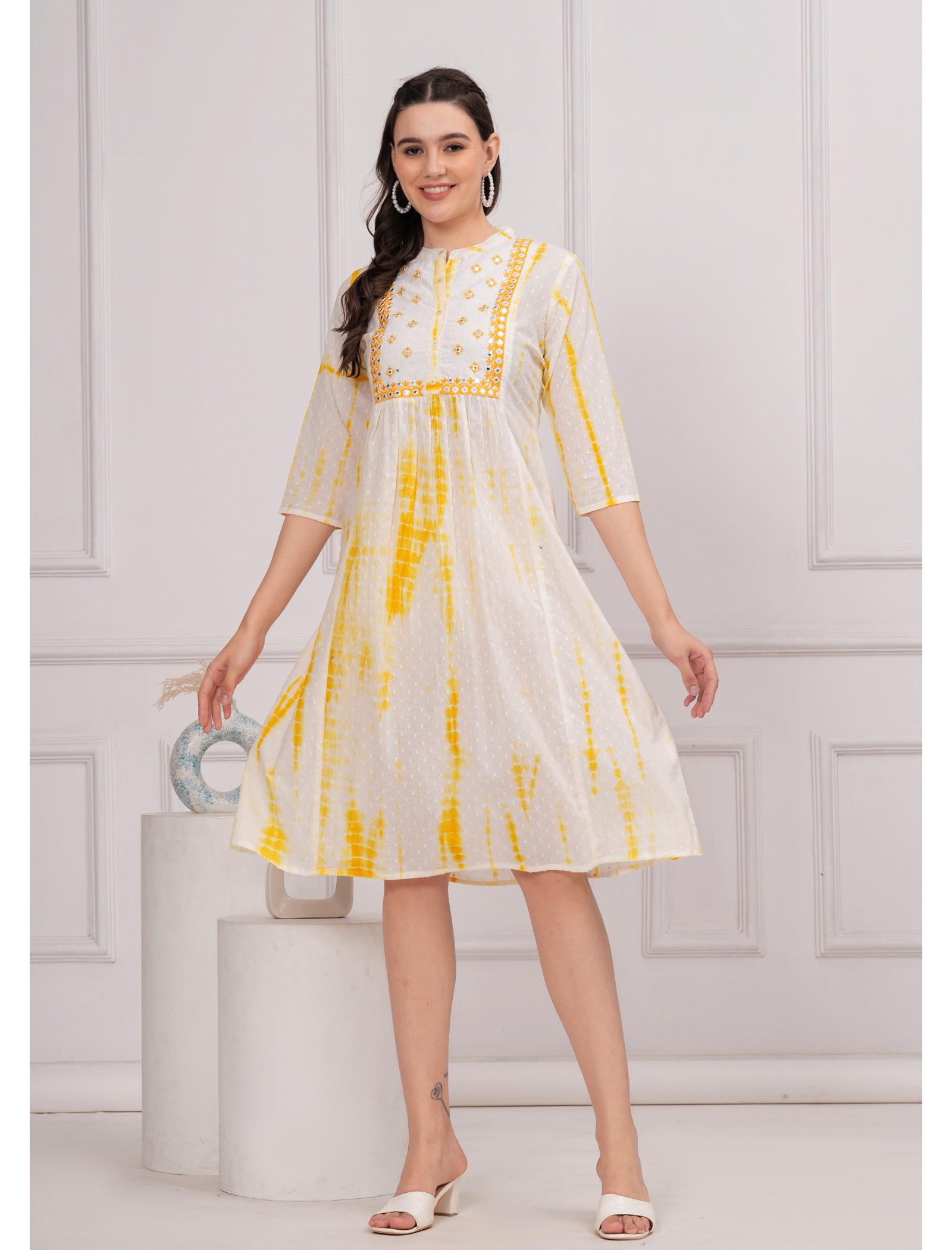 Maluka Women Cotton Shibhori Tie Dye Printed  Embroidery and Mirror Work A-Line Kurta