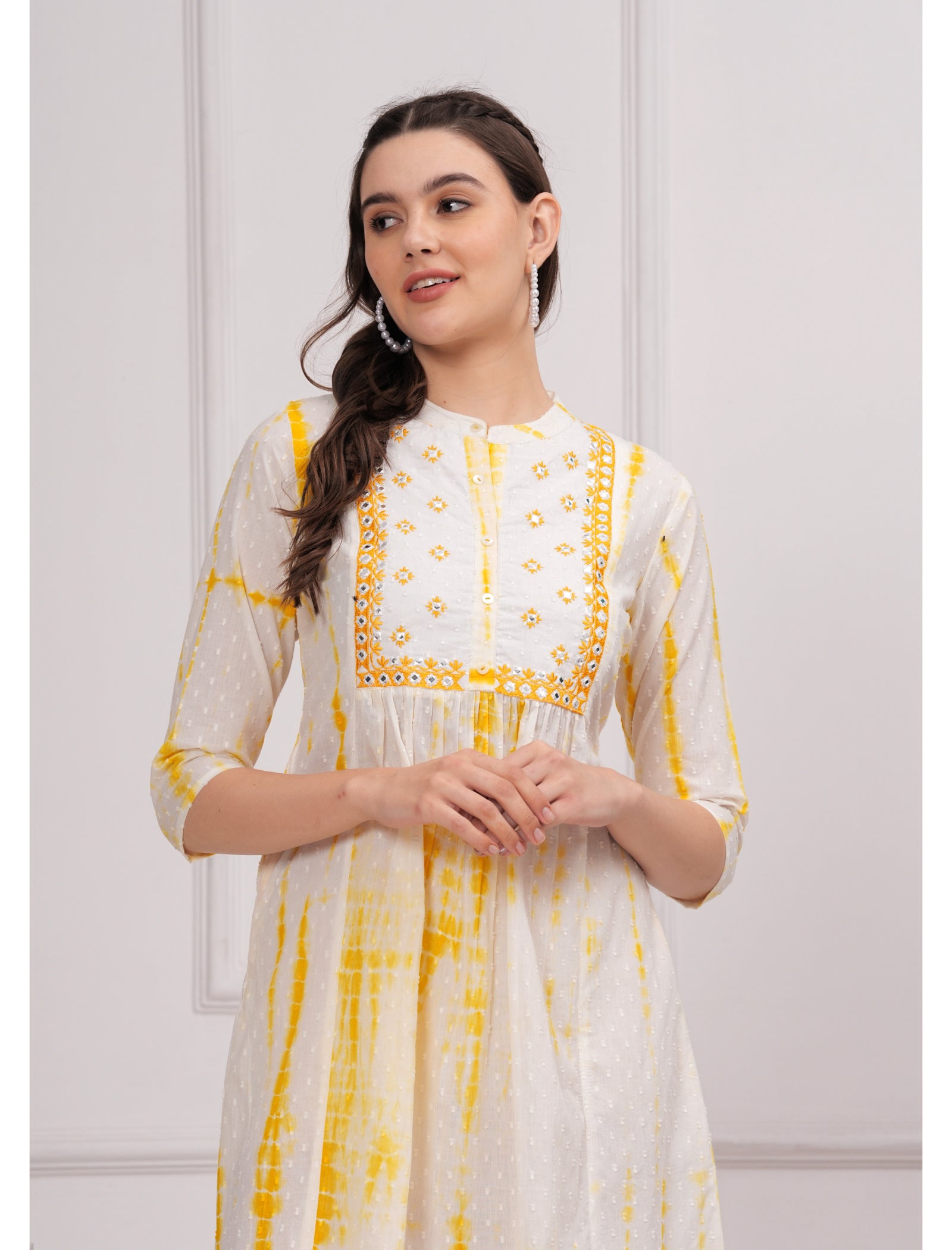 Maluka Women Cotton Shibhori Tie Dye Printed  Embroidery and Mirror Work A-Line Kurta