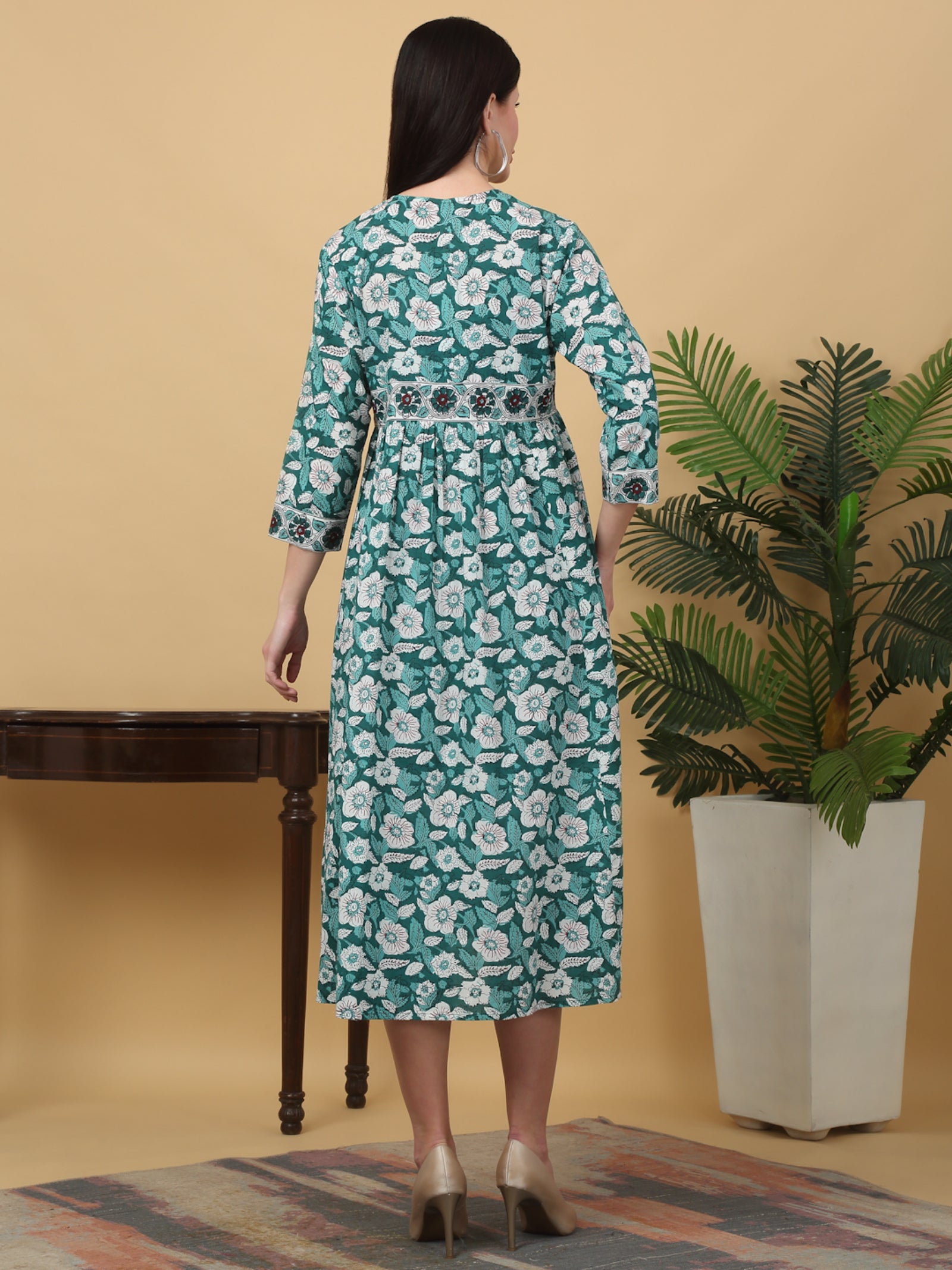 Maluka Women’s Teal Floral Cotton A-Line Kurta