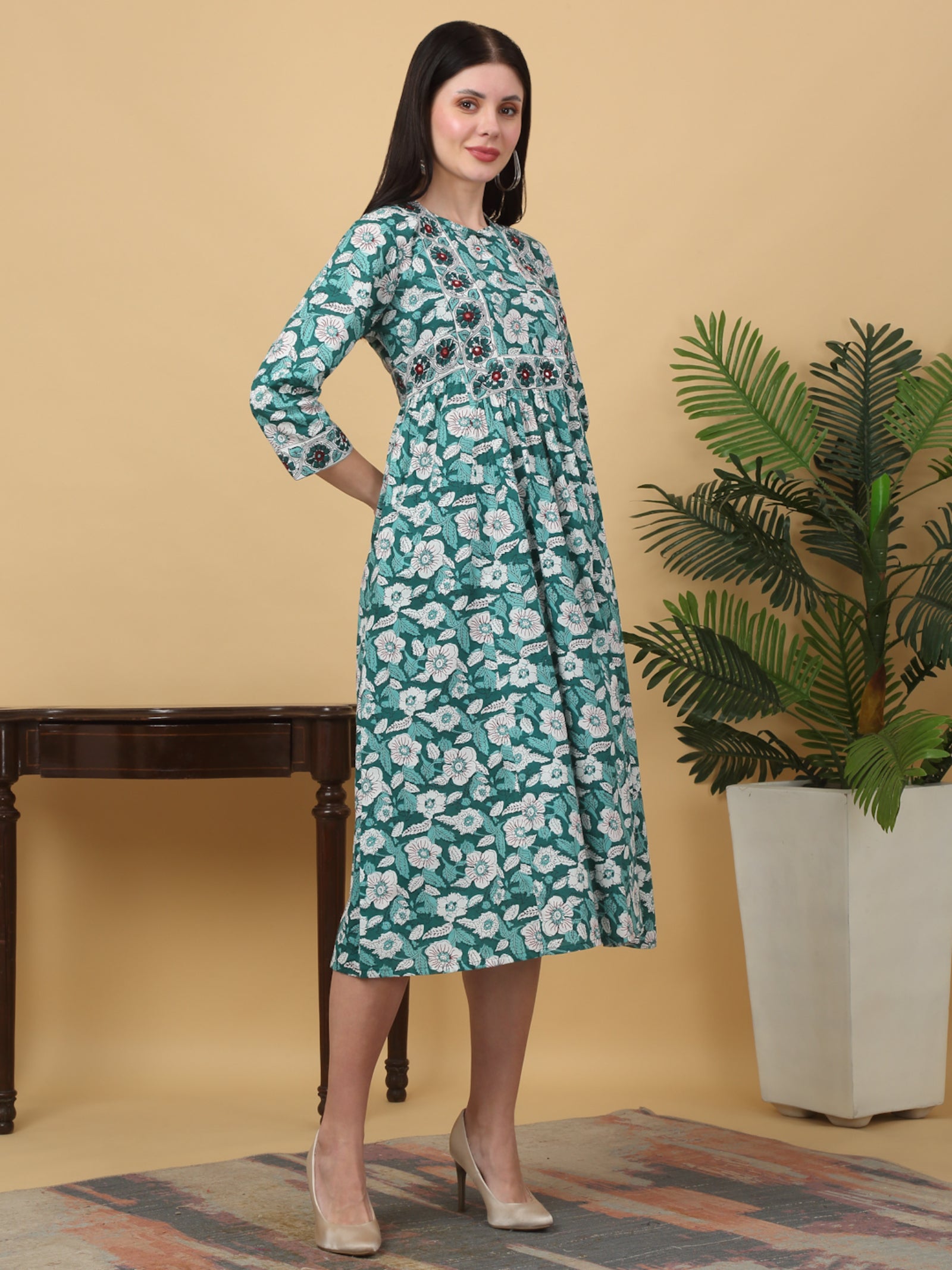 Maluka Women’s Teal Floral Cotton A-Line Kurta
