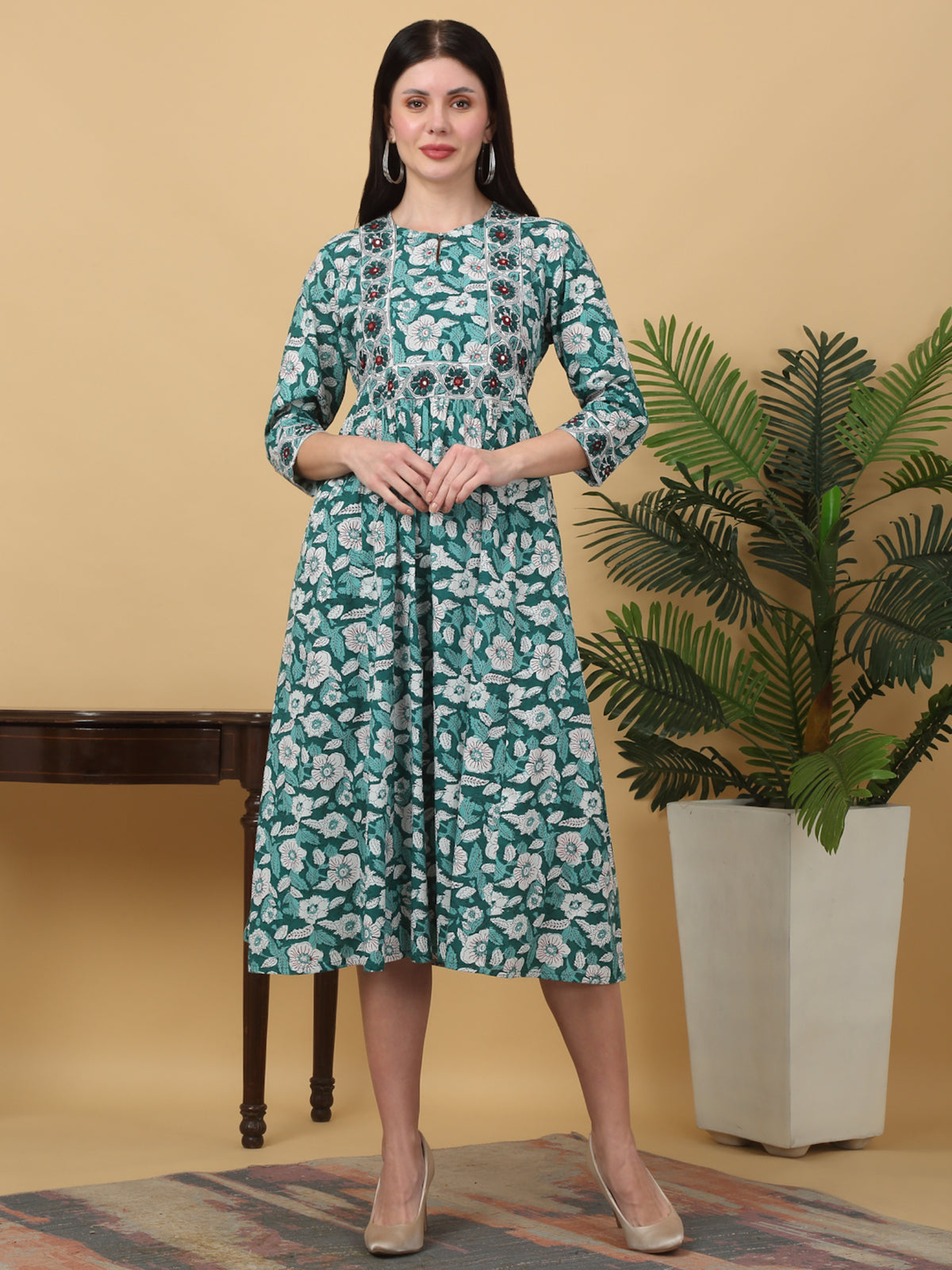 Maluka Women’s Teal Floral Cotton A-Line Kurta