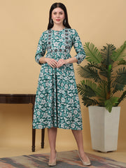 Maluka Women’s Teal Floral Cotton A-Line Kurta