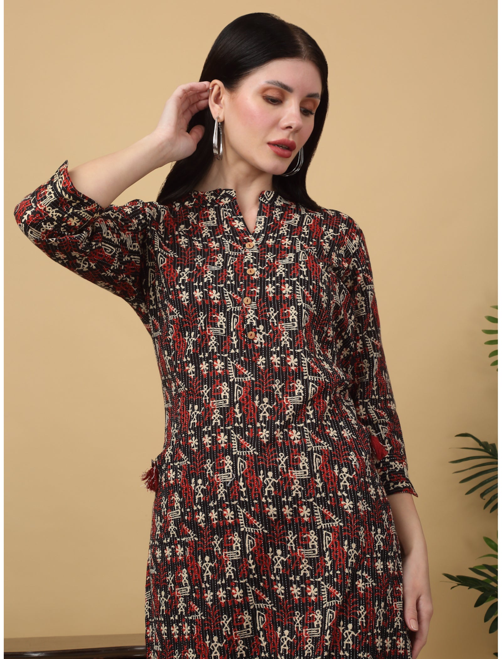 Maluka Women Cotton Kantha Geometric Printed Straight Kurta