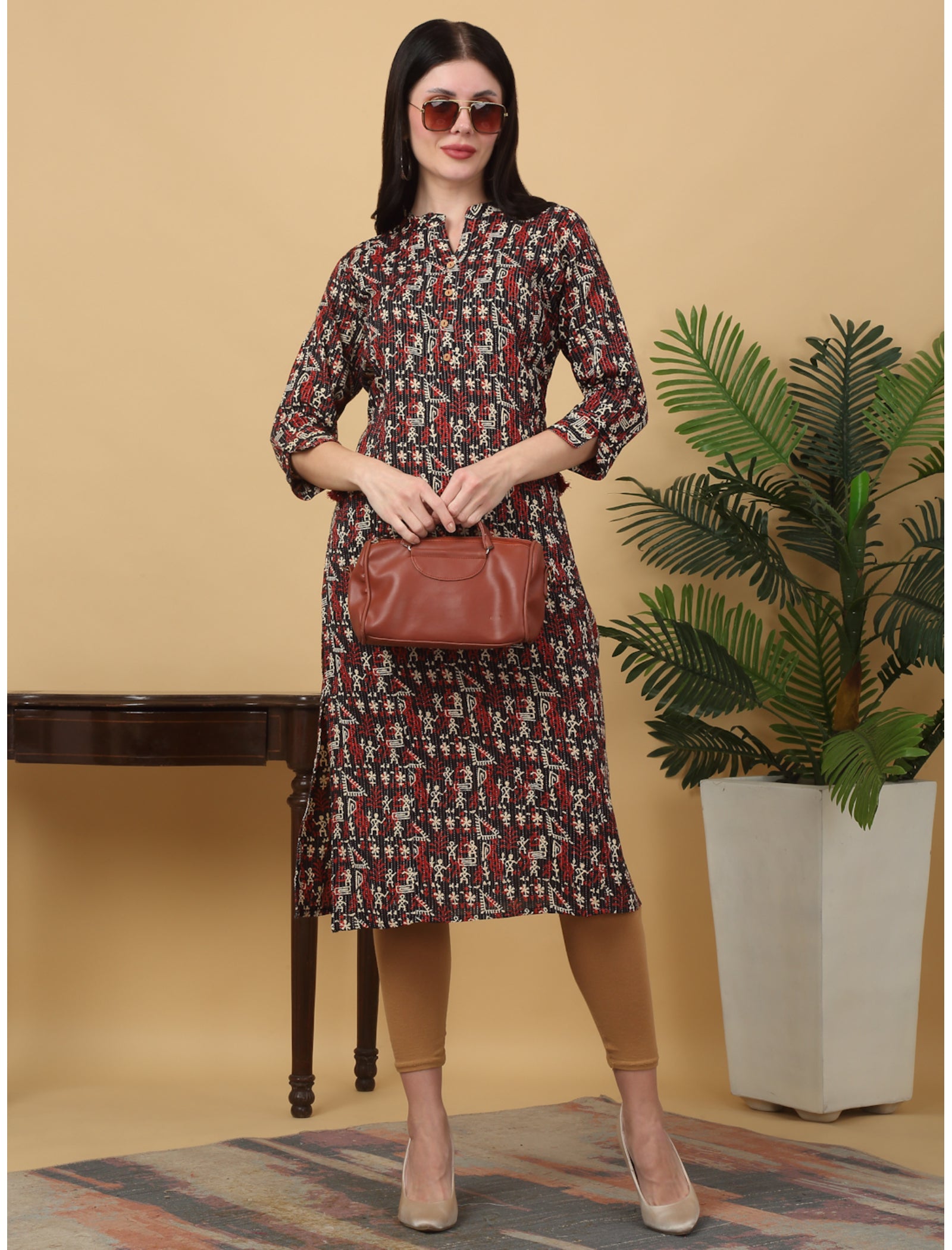 Maluka Women Cotton Kantha Geometric Printed Straight Kurta