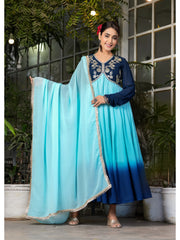 Maluka Women’s Sky Blue, Green & Pink Georgette Embroidered Kurta with Dupatta Set