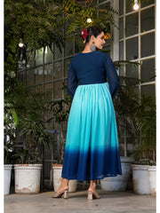 Maluka Women’s Sky Blue, Green & Pink Georgette Embroidered Kurta with Dupatta Set
