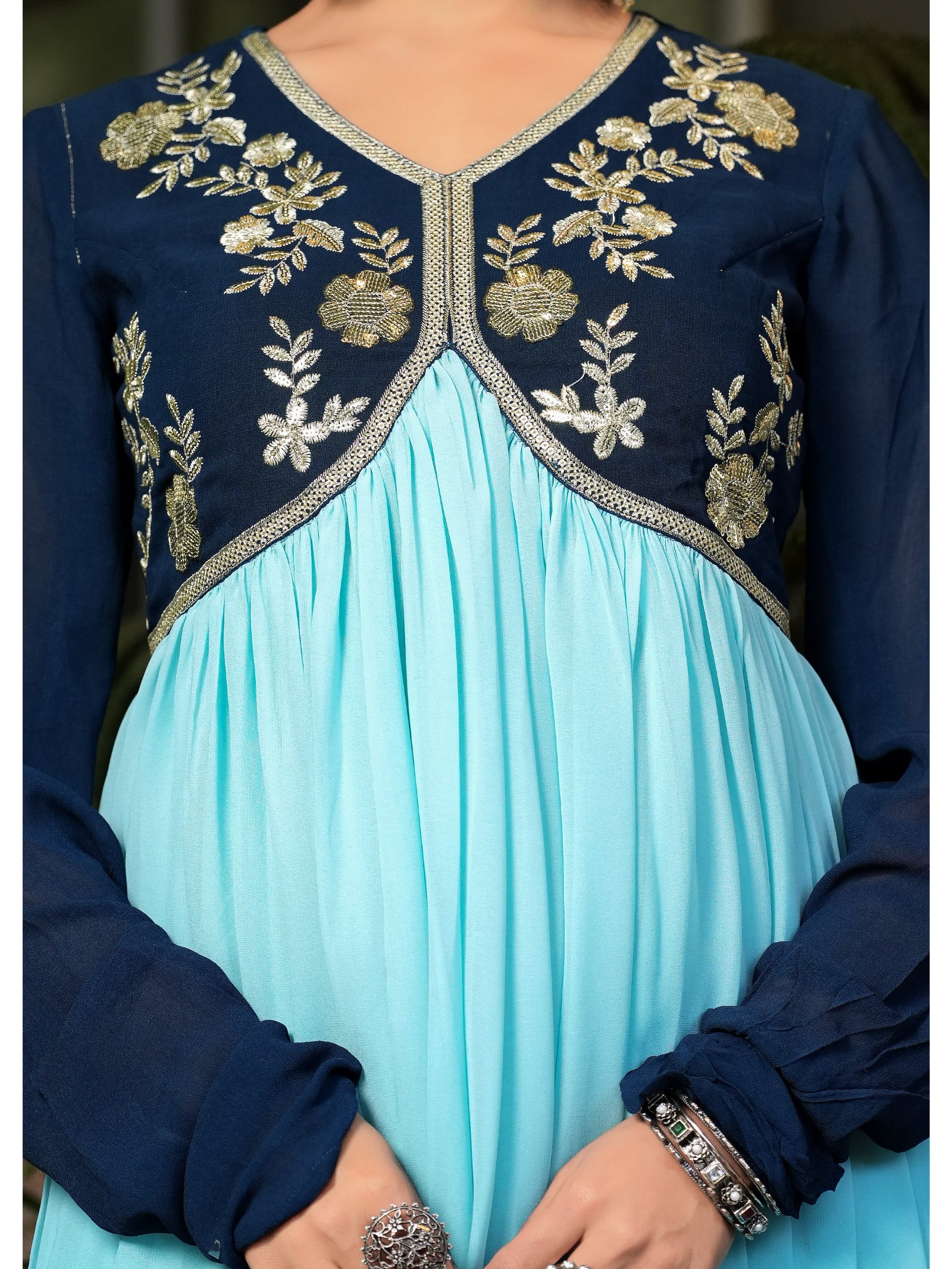 Maluka Women’s Sky Blue, Green & Pink Georgette Embroidered Kurta with Dupatta Set