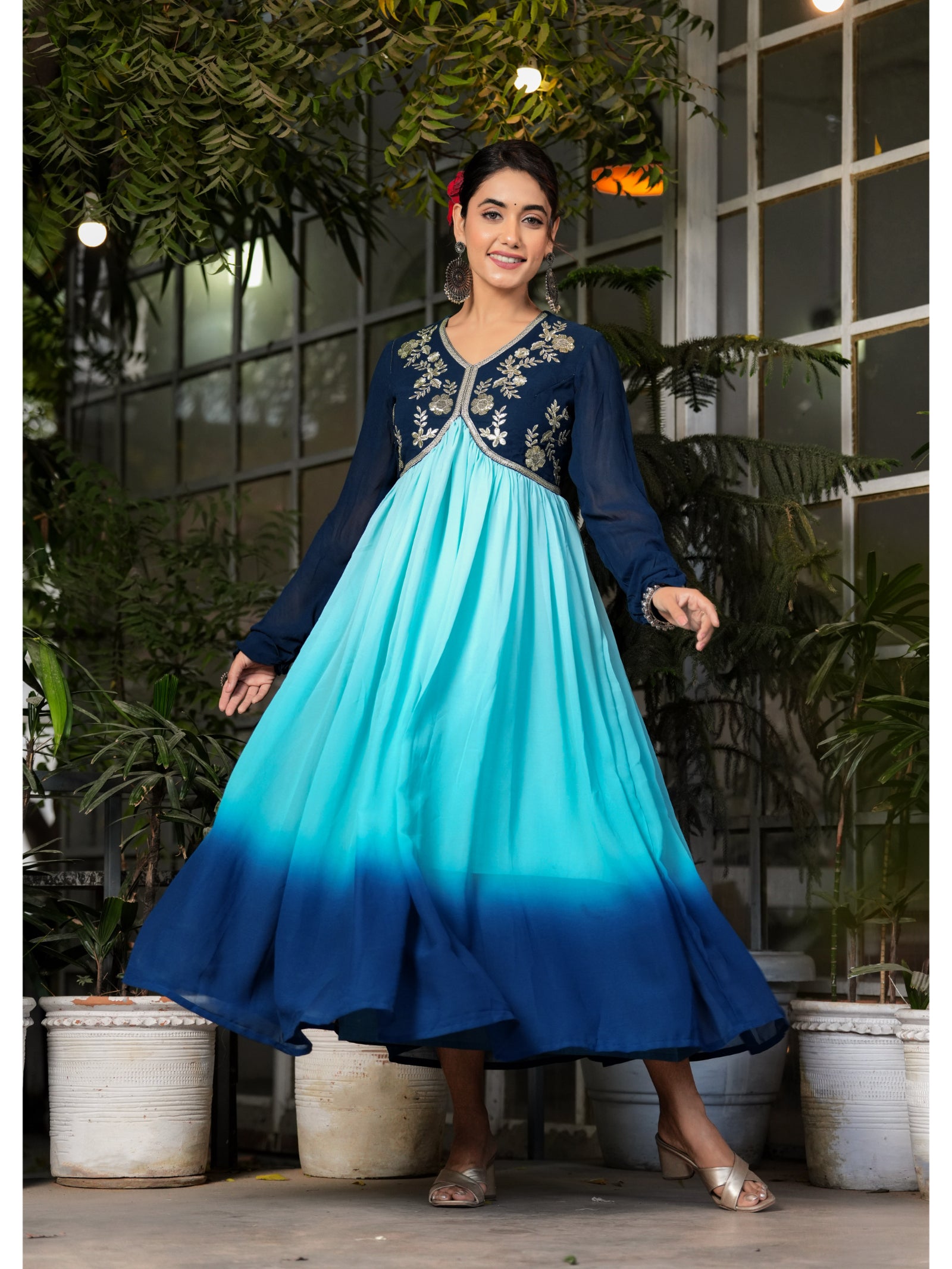 Maluka Women’s Sky Blue, Green & Pink Georgette Embroidered Kurta with Dupatta Set