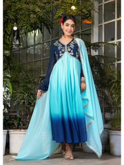 Maluka Women’s Sky Blue, Green & Pink Georgette Embroidered Kurta with Dupatta Set