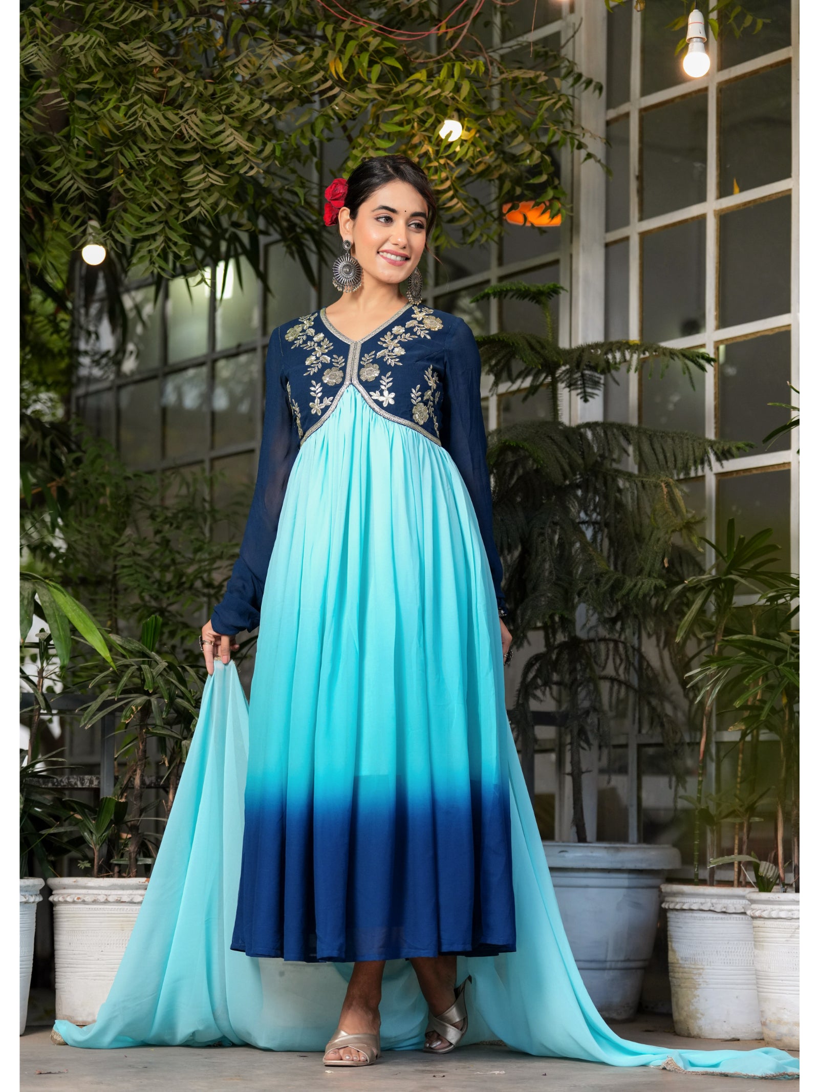 Maluka Women’s Sky Blue, Green & Pink Georgette Embroidered Kurta with Dupatta Set