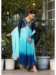 Maluka Women’s Sky Blue, Green & Pink Georgette Embroidered Kurta with Dupatta Set