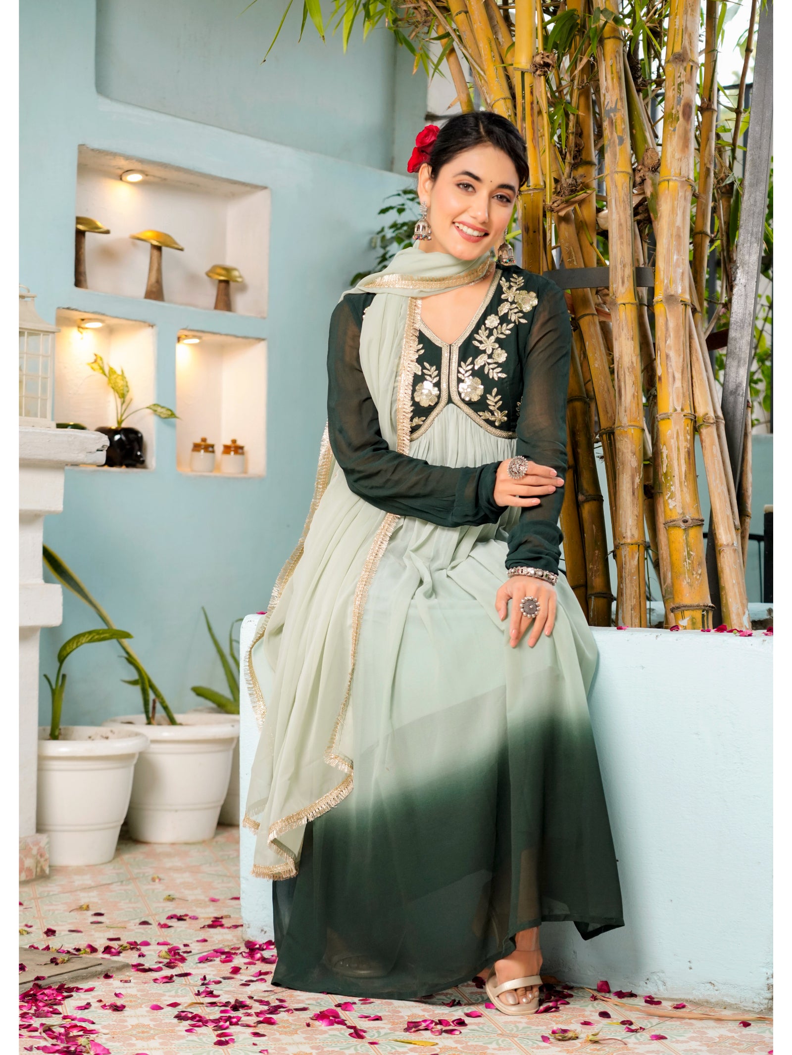 Maluka Women’s Sky Blue, Green & Pink Georgette Embroidered Kurta with Dupatta Set