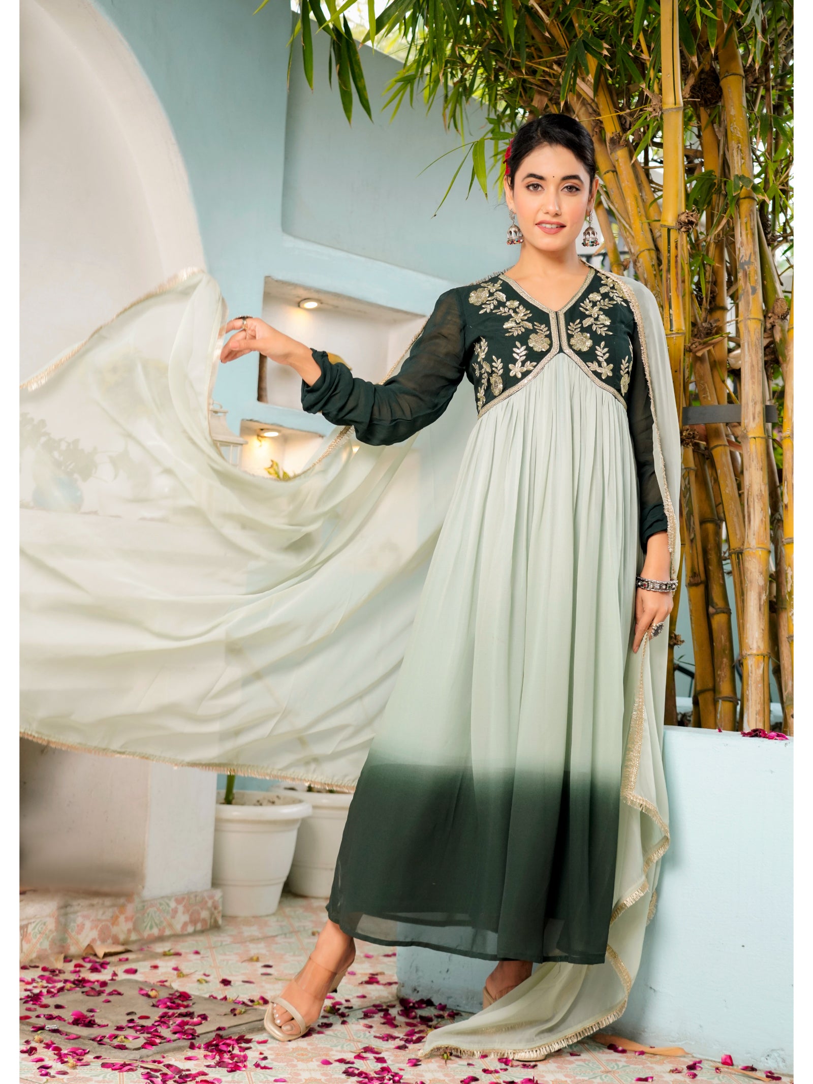 Maluka Women’s Sky Blue, Green & Pink Georgette Embroidered Kurta with Dupatta Set