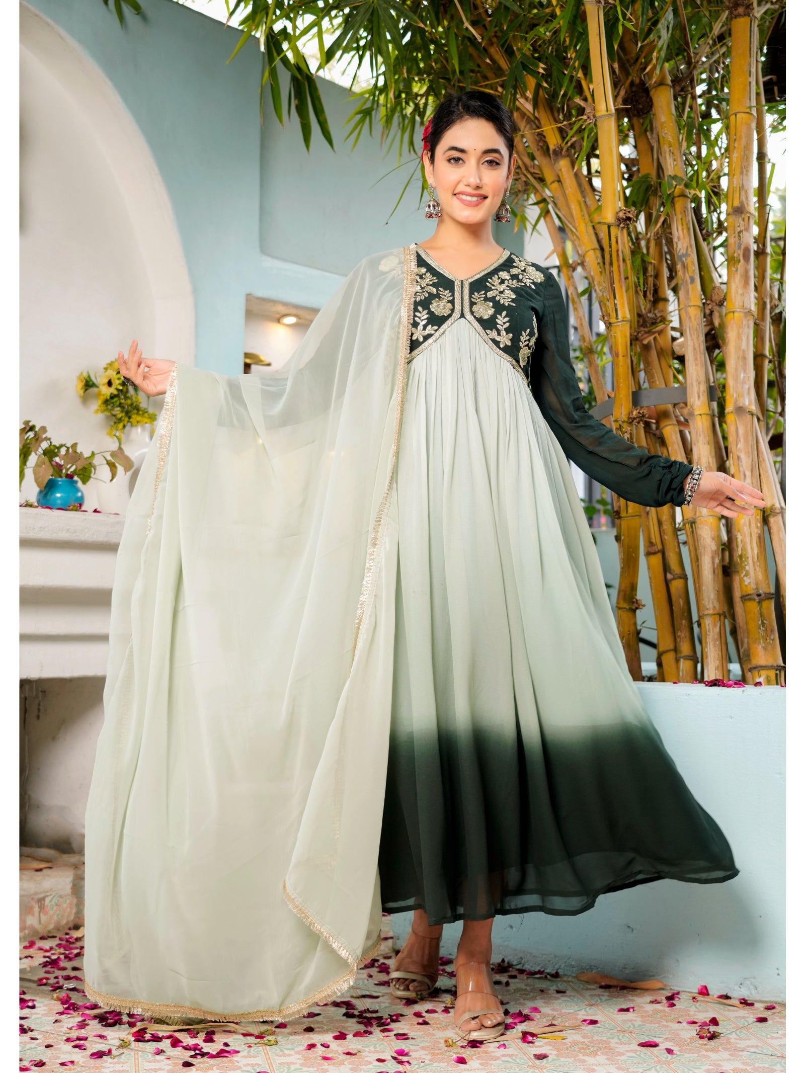 Maluka Women’s Sky Blue, Green & Pink Georgette Embroidered Kurta with Dupatta Set