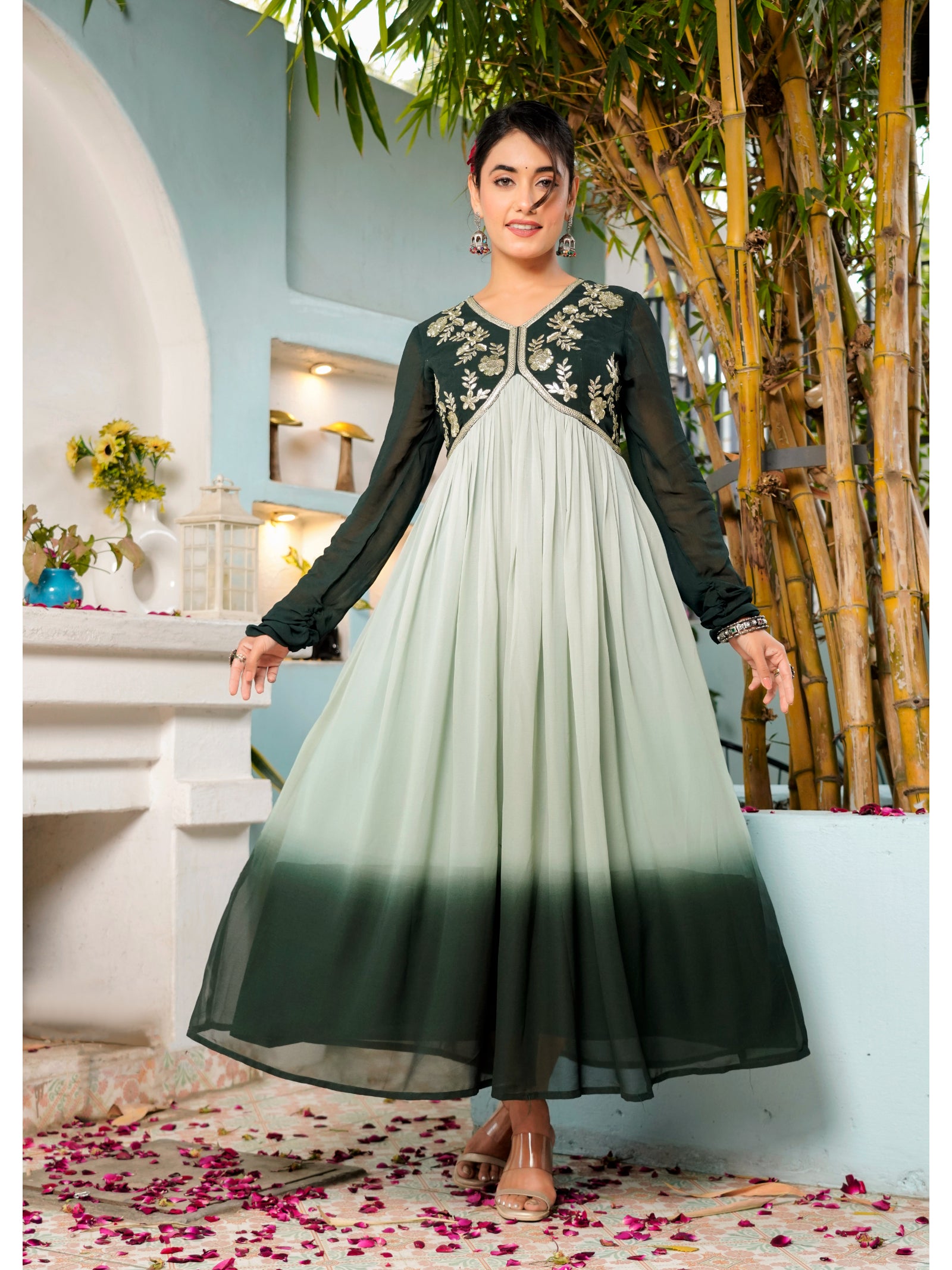 Maluka Women’s Sky Blue, Green & Pink Georgette Embroidered Kurta with Dupatta Set