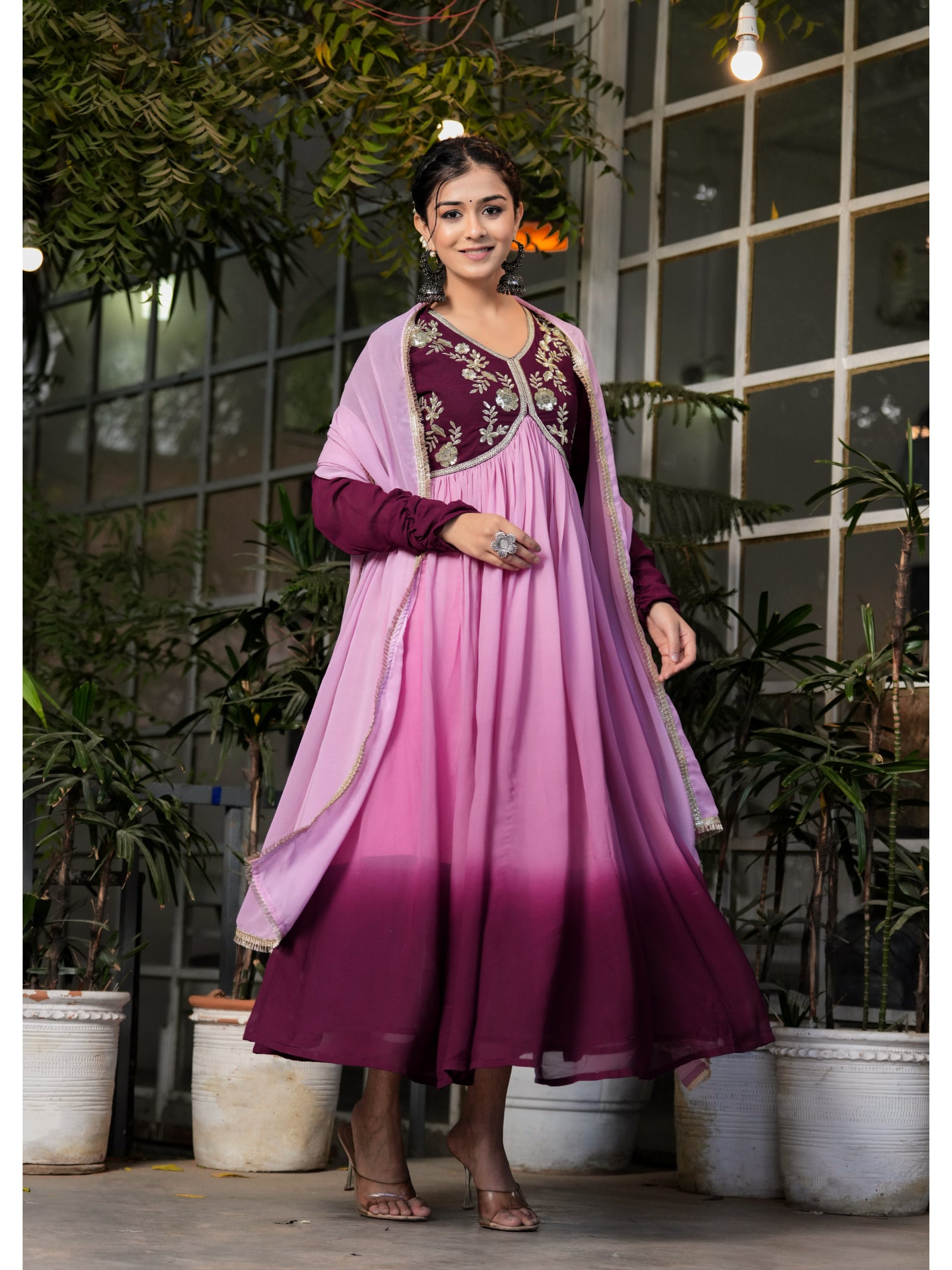 Maluka Women’s Sky Blue, Green & Pink Georgette Embroidered Kurta with Dupatta Set