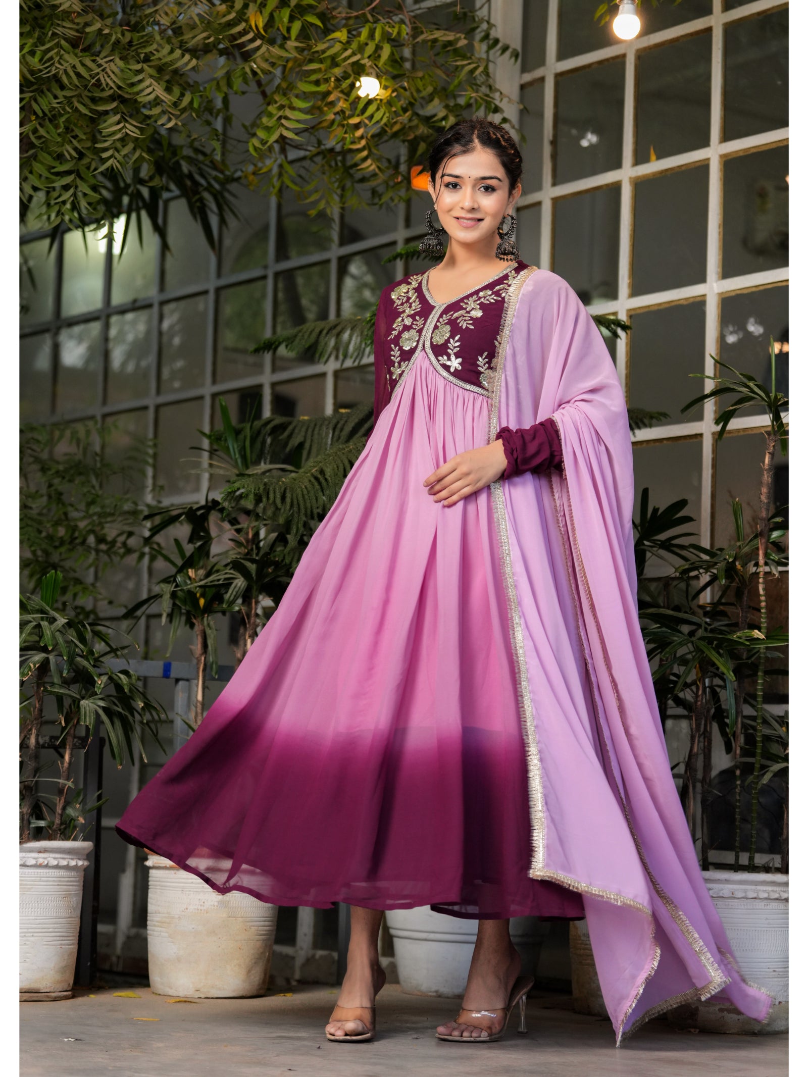 Maluka Women’s Sky Blue, Green & Pink Georgette Embroidered Kurta with Dupatta Set