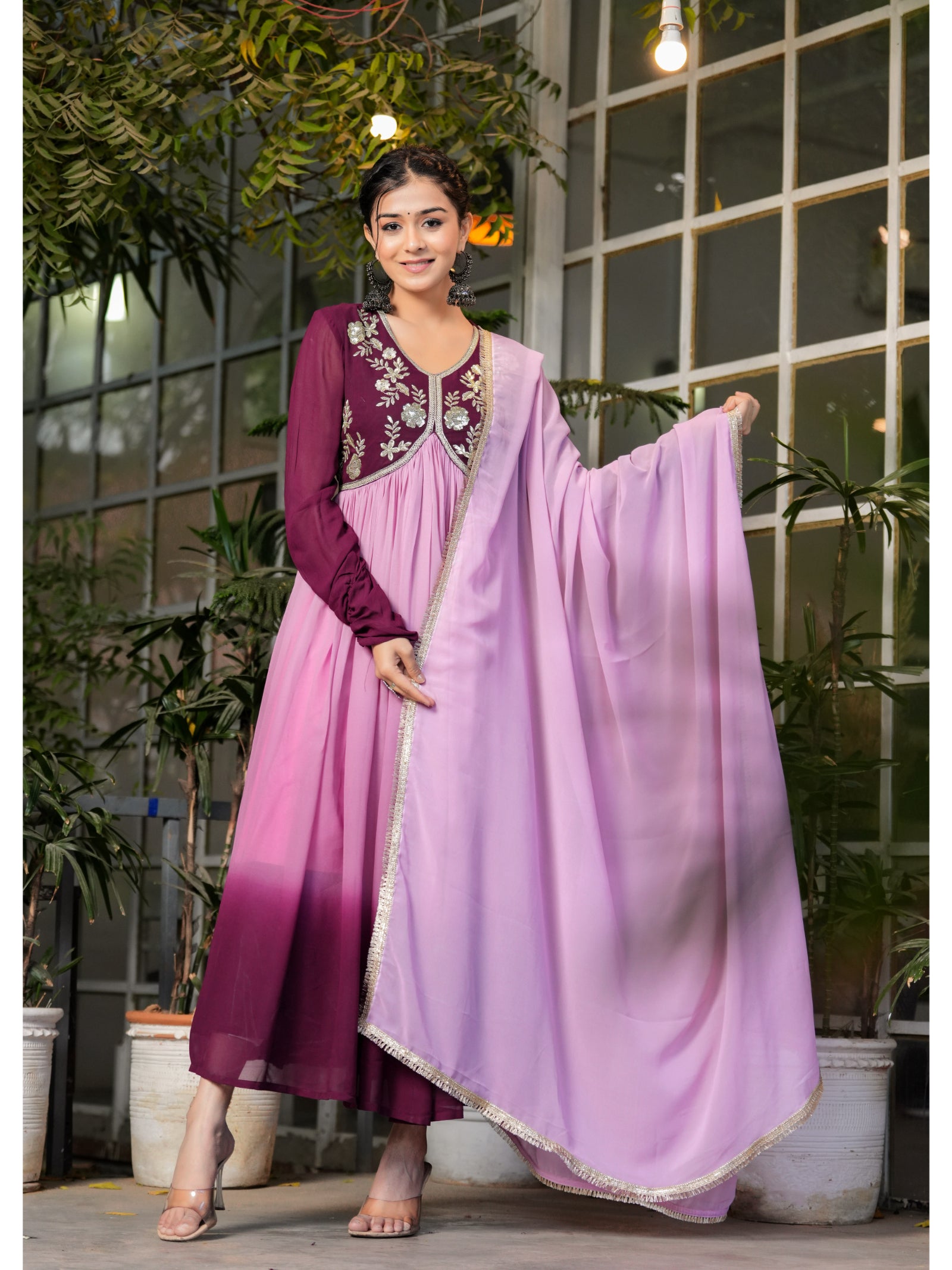 Maluka Women’s Sky Blue, Green & Pink Georgette Embroidered Kurta with Dupatta Set