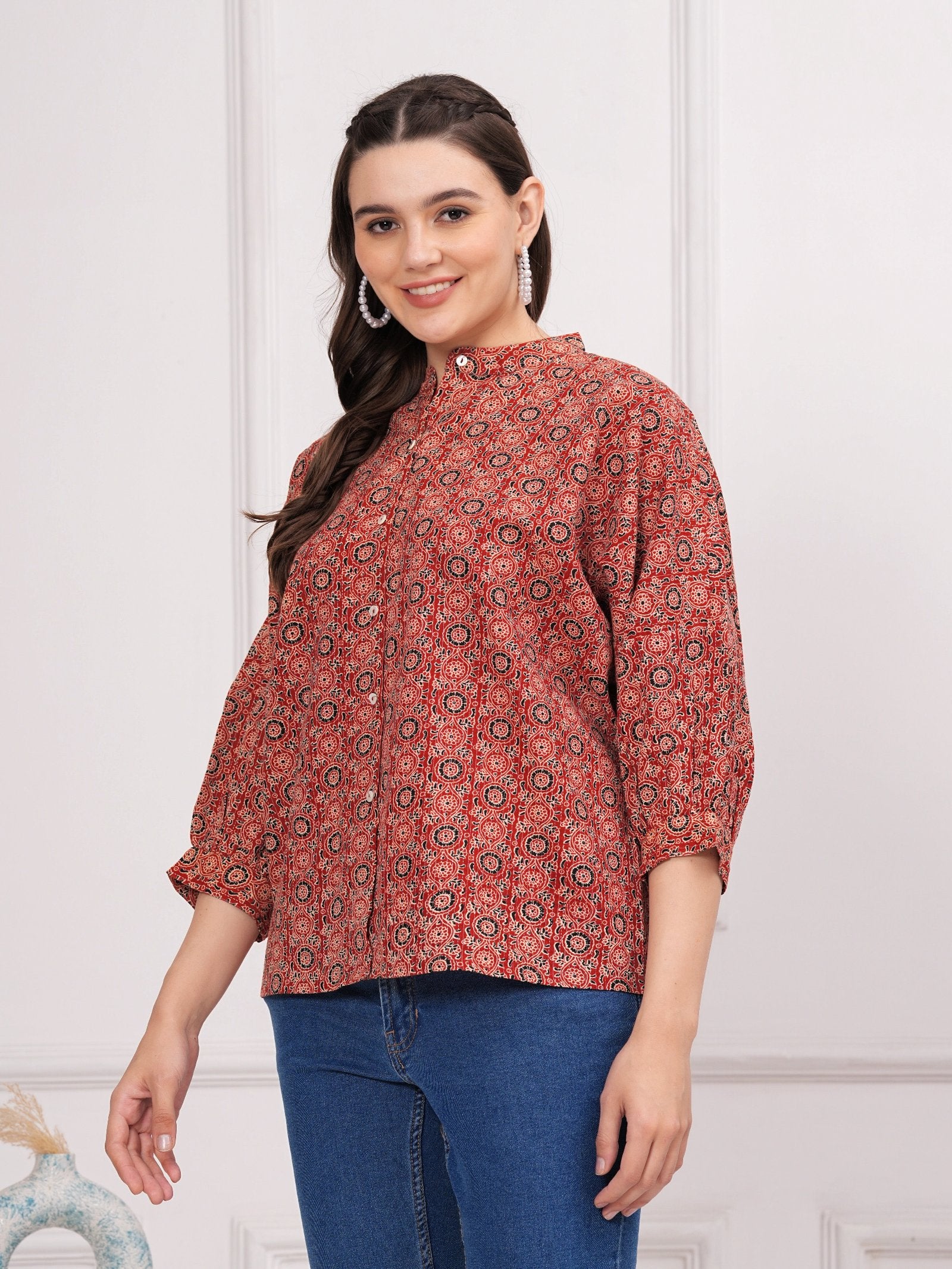 Maluka Women Cotton Katha Printed Top