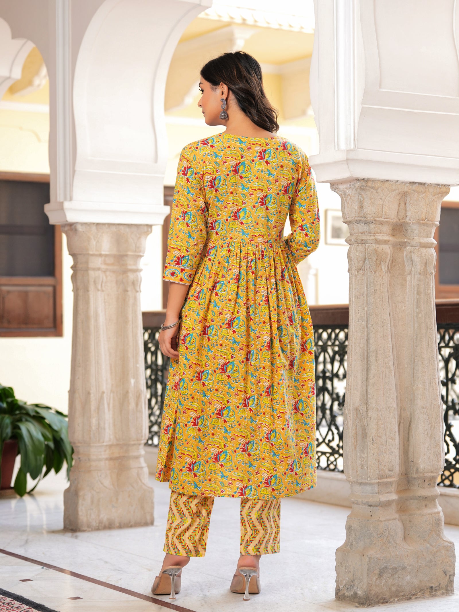 Maluka Women’s Yellow Floral Cotton Kurta Set with Dupatta