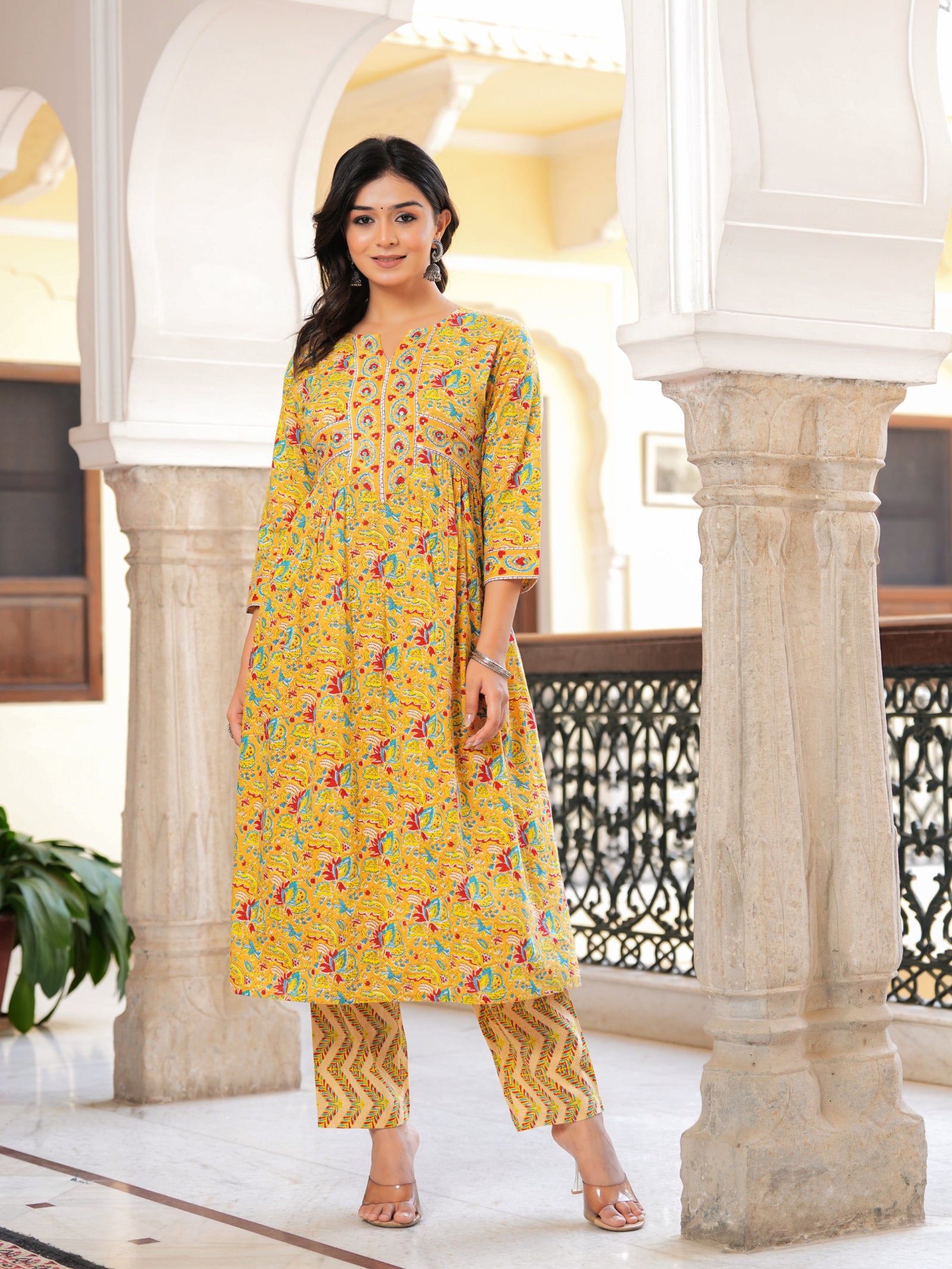 Maluka Women’s Yellow Floral Cotton Kurta Set with Dupatta
