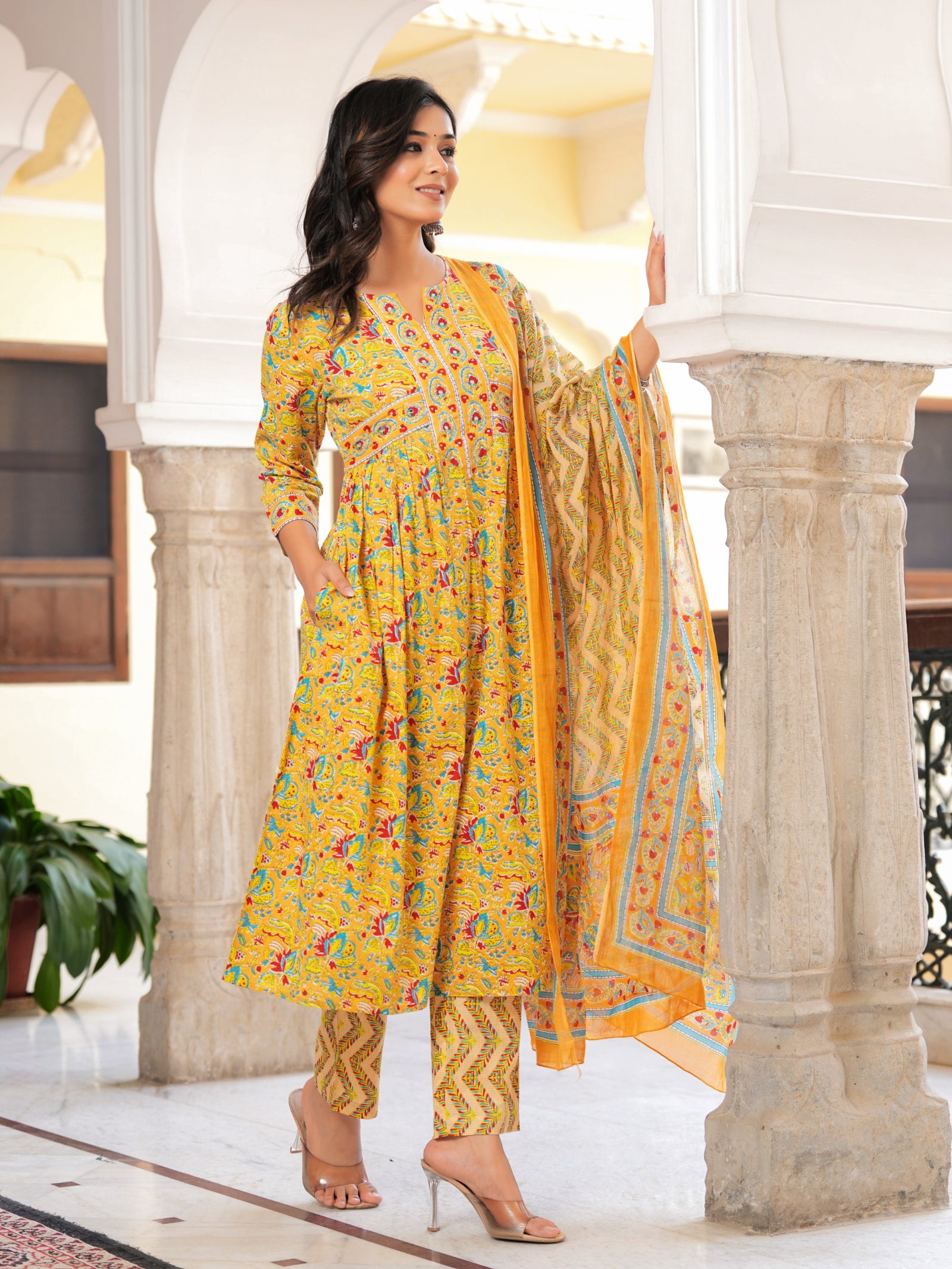Maluka Women’s Yellow Floral Cotton Kurta Set with Dupatta