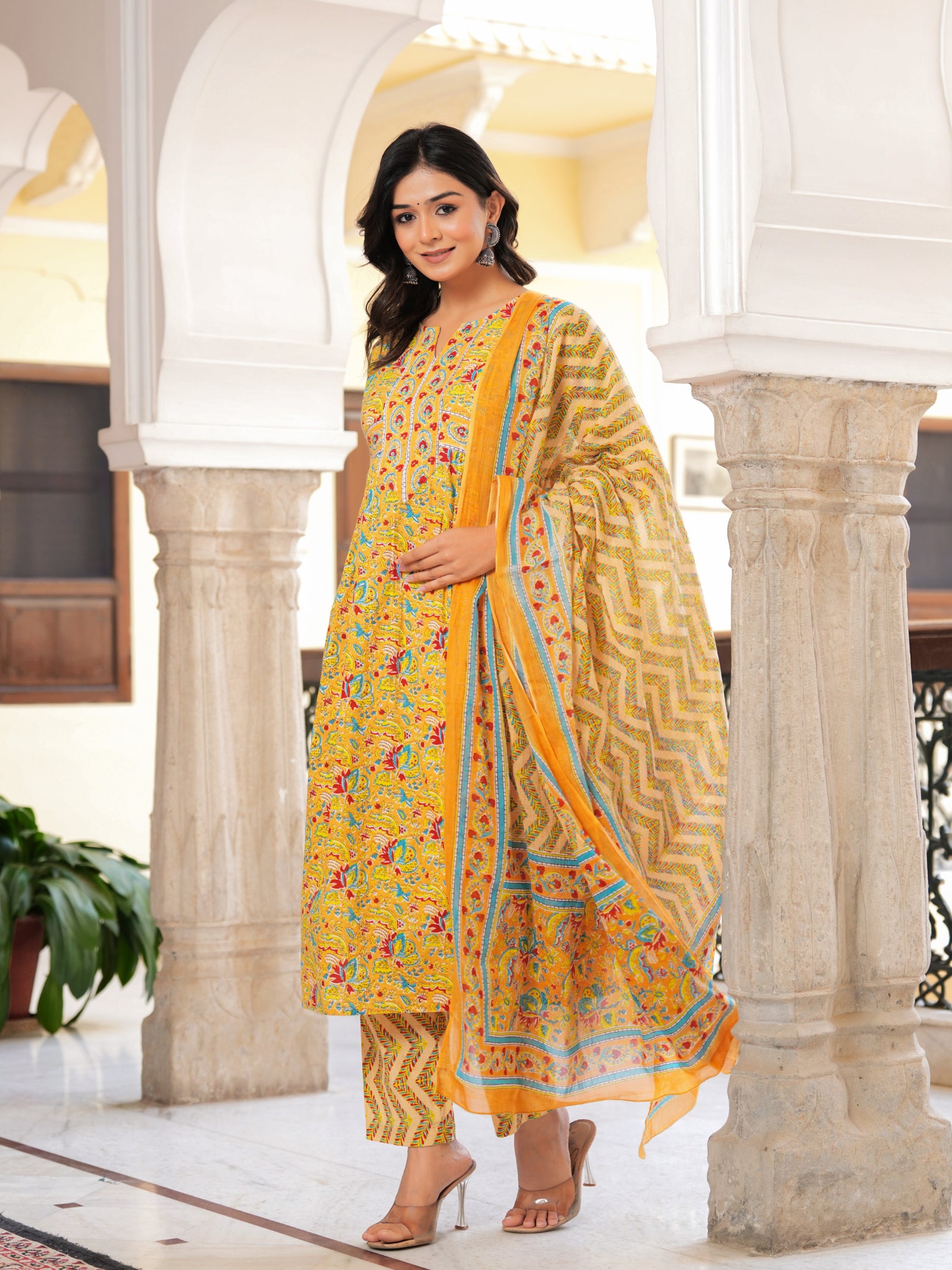 Maluka Women’s Yellow Floral Cotton Kurta Set with Dupatta