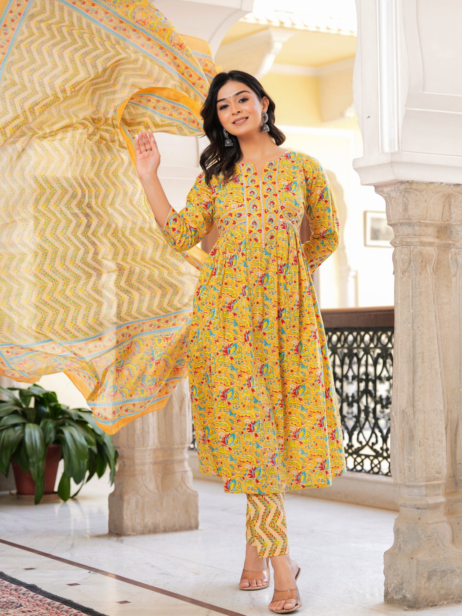 Maluka Women’s Yellow Floral Cotton Kurta Set with Dupatta