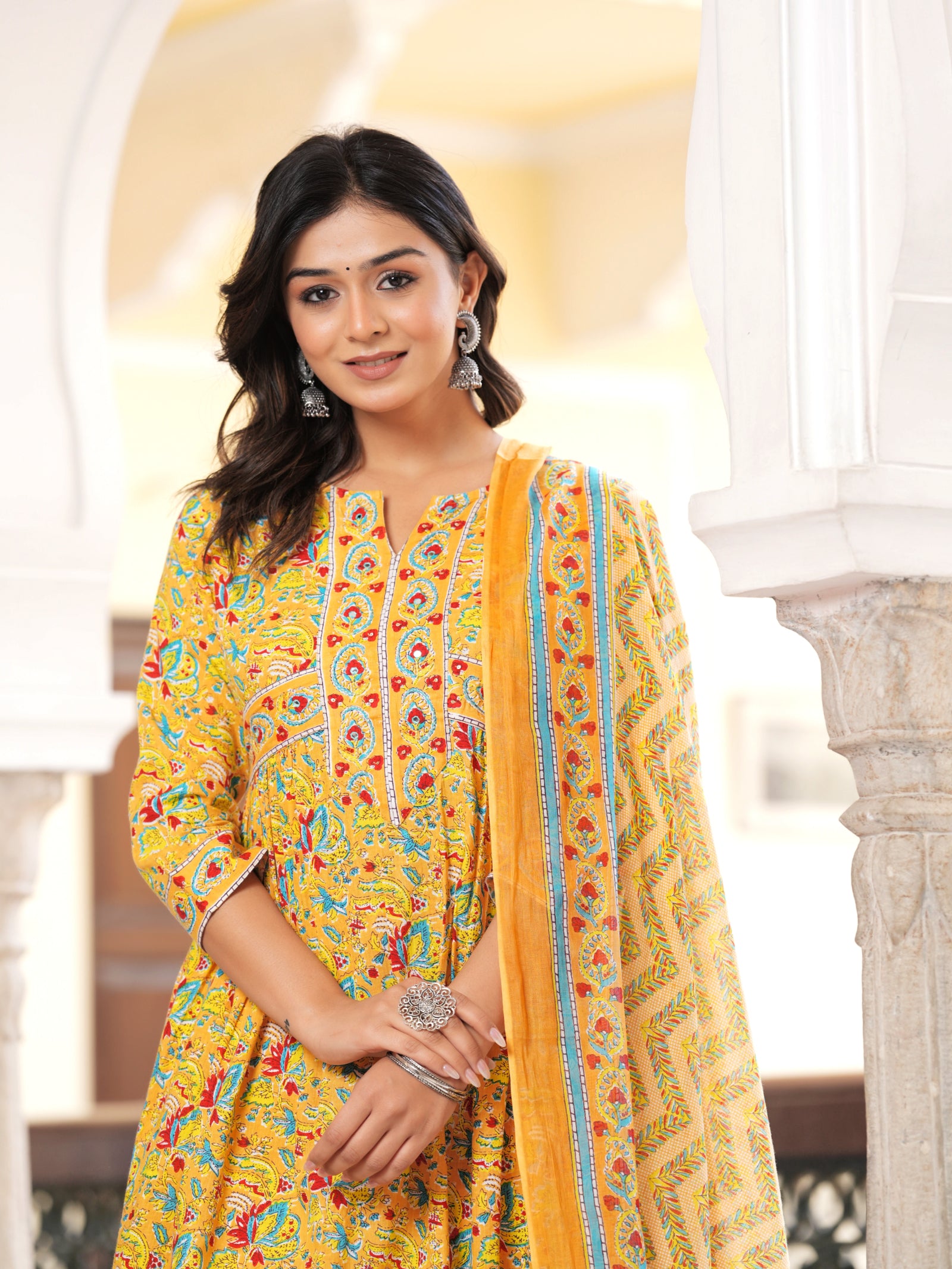 Maluka Women’s Yellow Floral Cotton Kurta Set with Dupatta